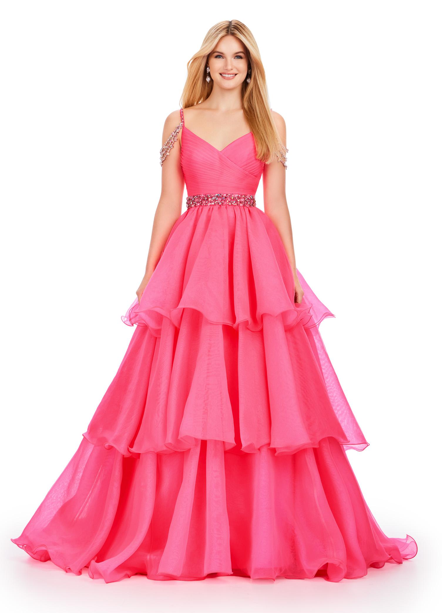 Hot Pink Jade ASHLEYlauren 11561 Organza Ball Gown with Sweetheart Neckline, Beaded Off Shoulder Straps, Beaded Waistband, and Tiered Organza Skirt