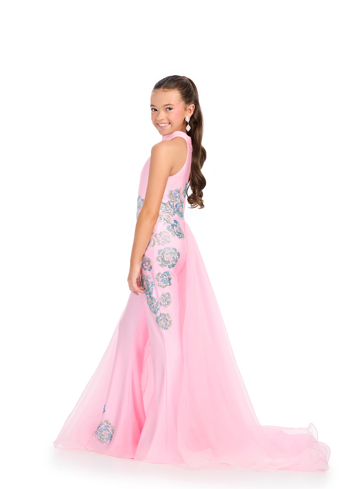 ASHLEYlauren 8311 Halter Jumpsuit with Floral Stones and Organza Skirt