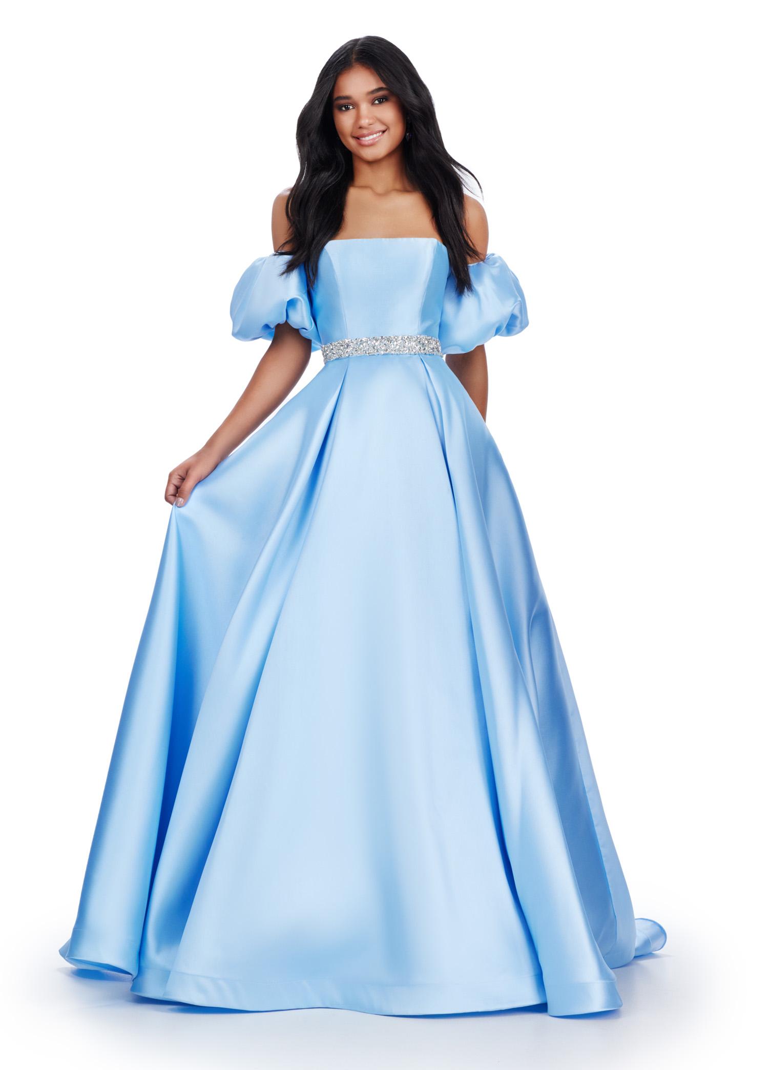 Ice Blue ASHLEYlauren 11543 classic Mikado ball gown featuring a strapless neckline, detachable off shoulder puff sleeves, beaded waistband, and a full ball gown skirt for an elegant and versatile look.