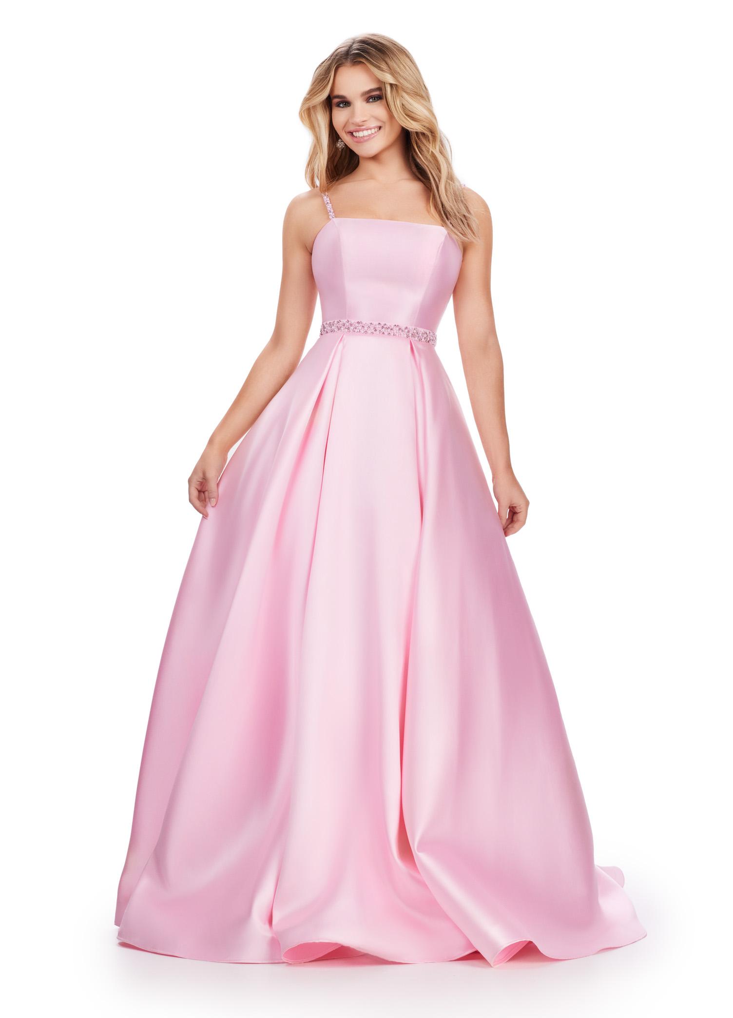 Ice Pink ASHLEYlauren 11540 one shoulder Mikado gown featuring elegant draping, a fitted skirt with a dramatic side skirt, spaghetti straps, and a unique lace-up V-back for a striking and sophisticated look.