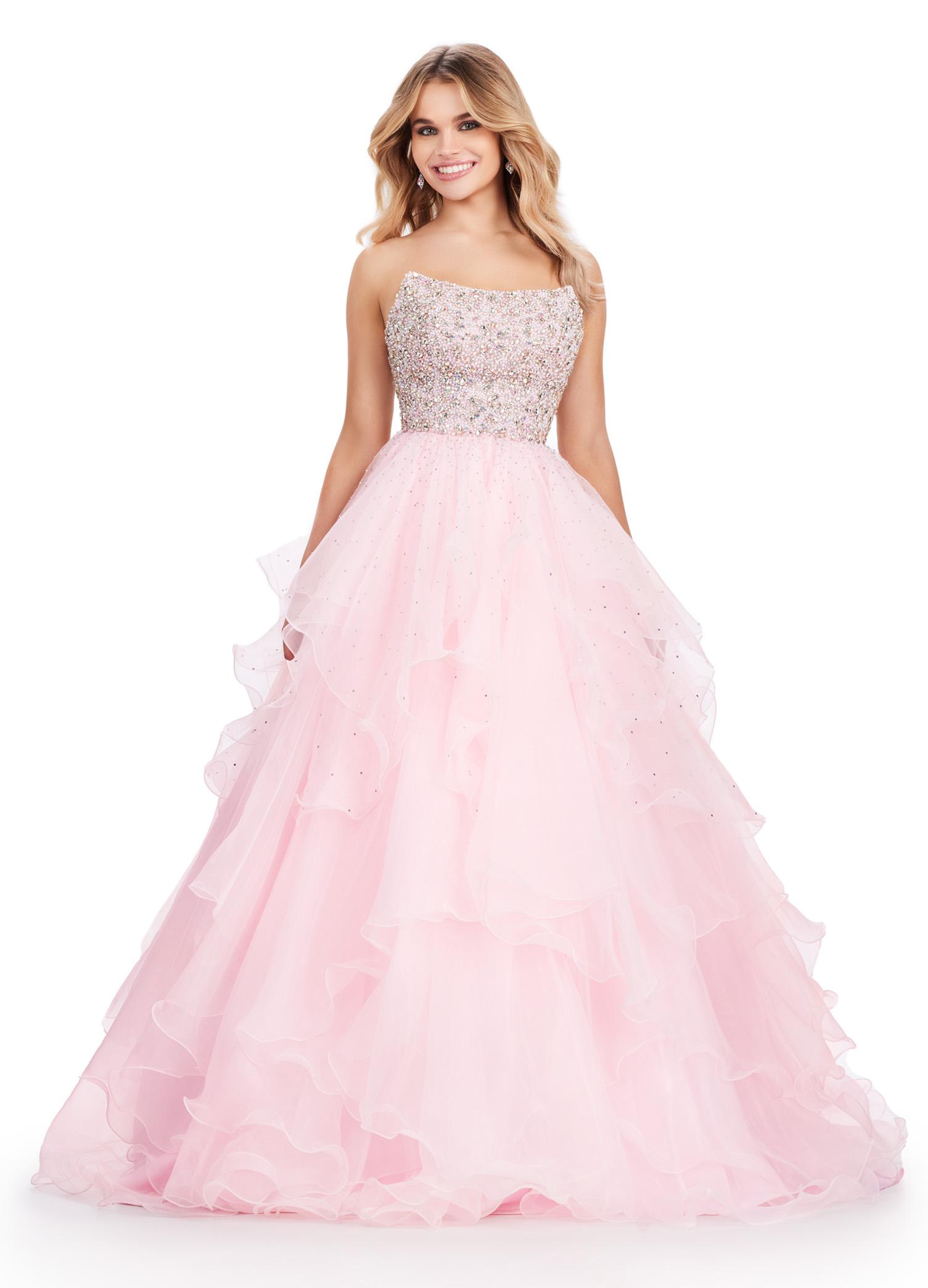 Ice Pink ASHLEYlauren 11545 Strapless Organza Ball Gown with Beaded Bustier, Ruffled Organza Skirt, and Handkerchief Hem
