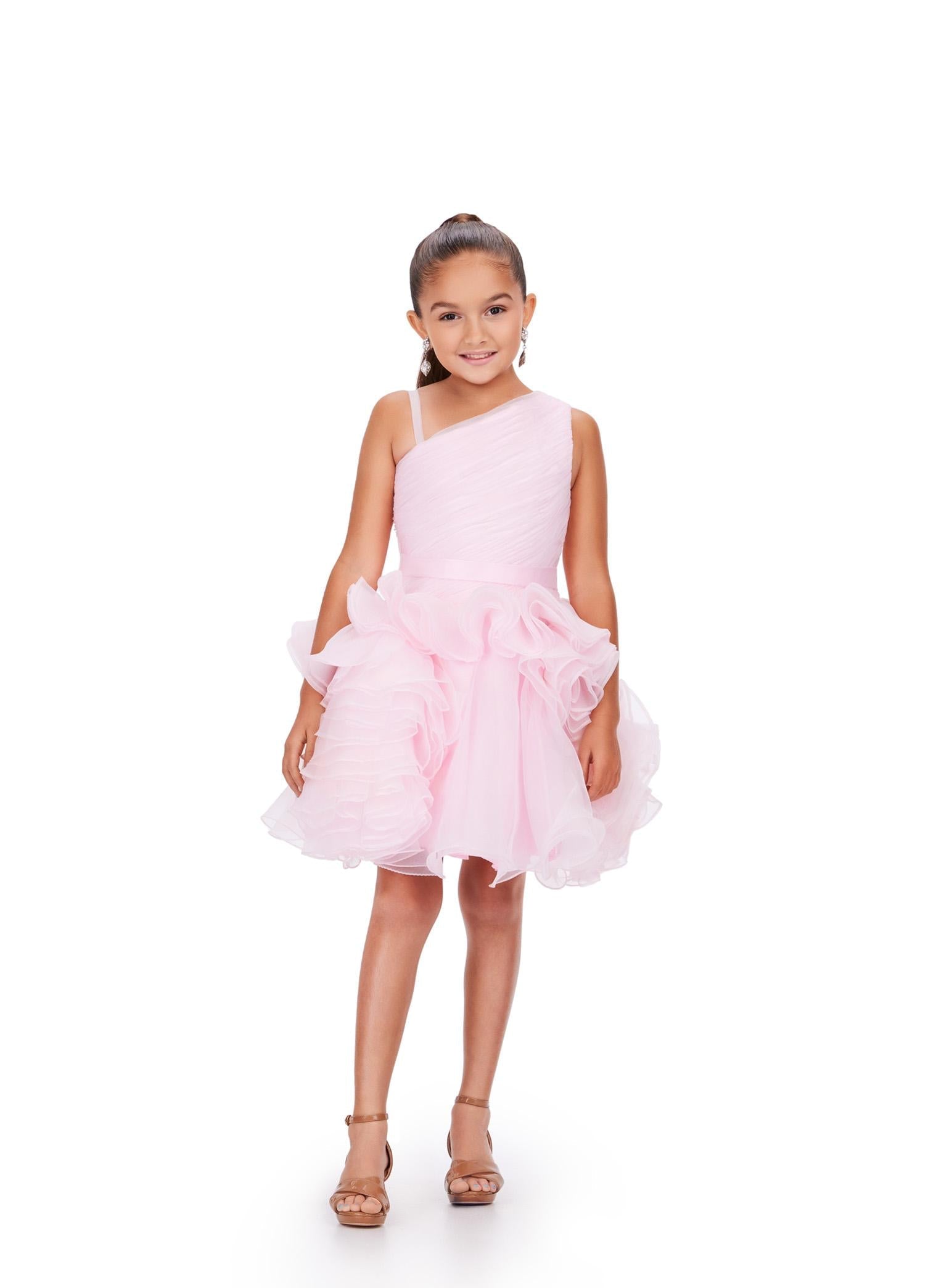 Ice Pink ASHLEYlauren 8251 chic kids A-line cocktail dress featuring a one shoulder design, ruched bodice, and ruffle-accented organza skirt for a stylish and elegant look.