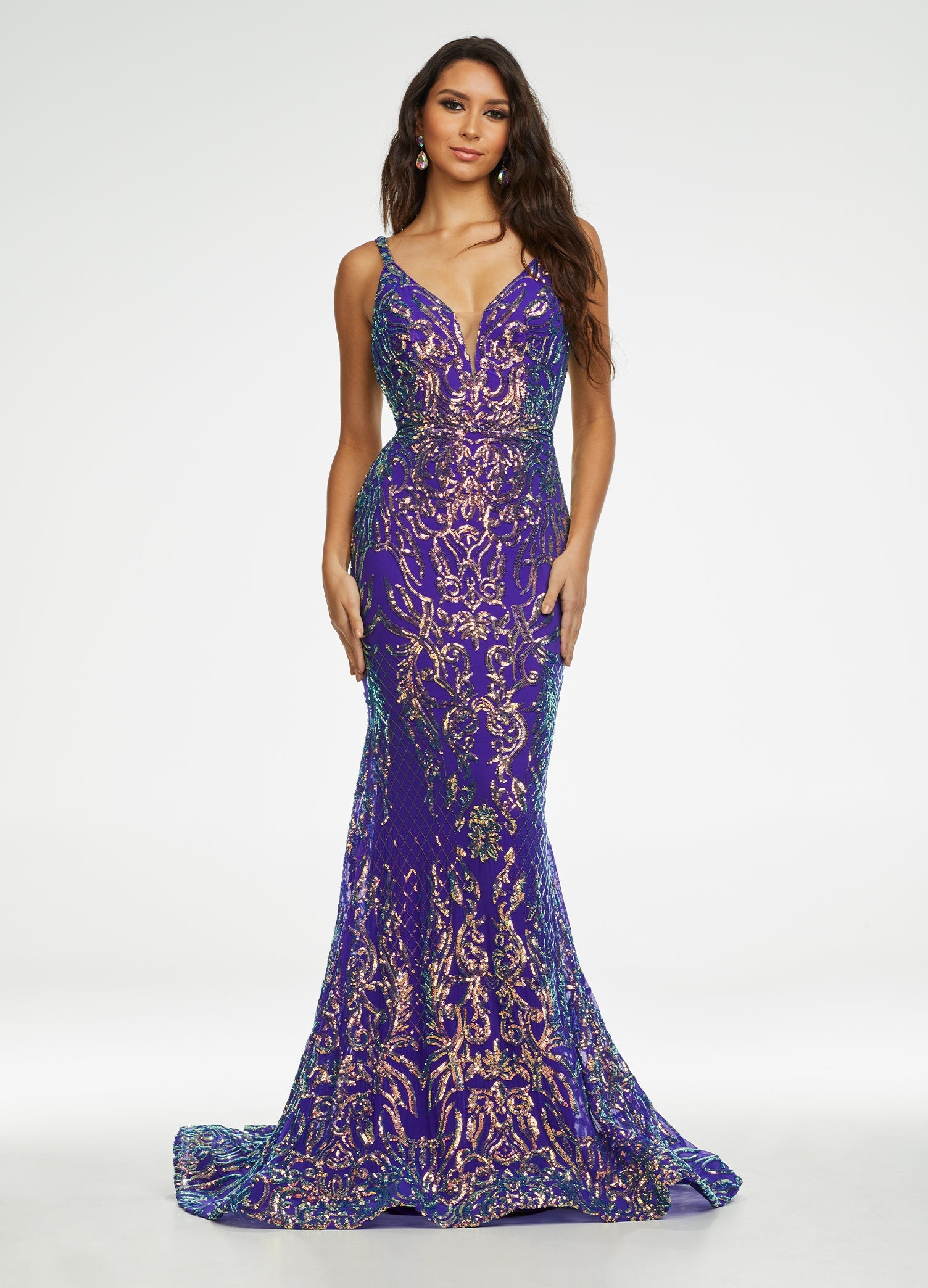 Iridescent Purple ASHLEYlauren 11113 stretch sequin gown featuring spaghetti straps, an illusion V-neckline, deep V-back, and a horsehair hem for a sleek and glamorous statement look.