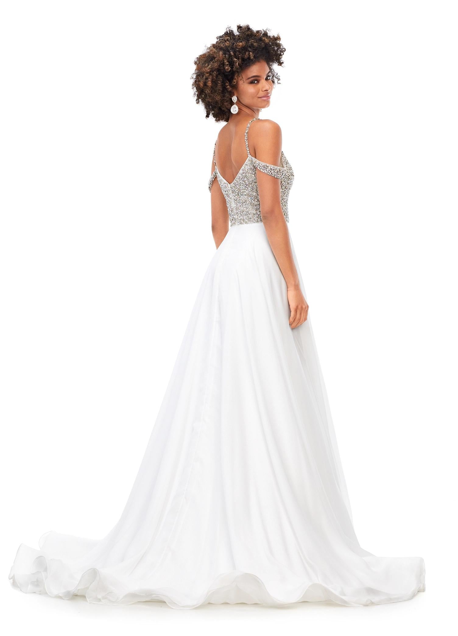Back - ASHLEYlauren 11253 – A dazzling chiffon A-line gown featuring a sweetheart neckline and a fully encrusted bustier with crystals and pearls, along with crystal and pearl-encrusted spaghetti and shoulder straps. Perfect for making an unforgettable statement at any event.