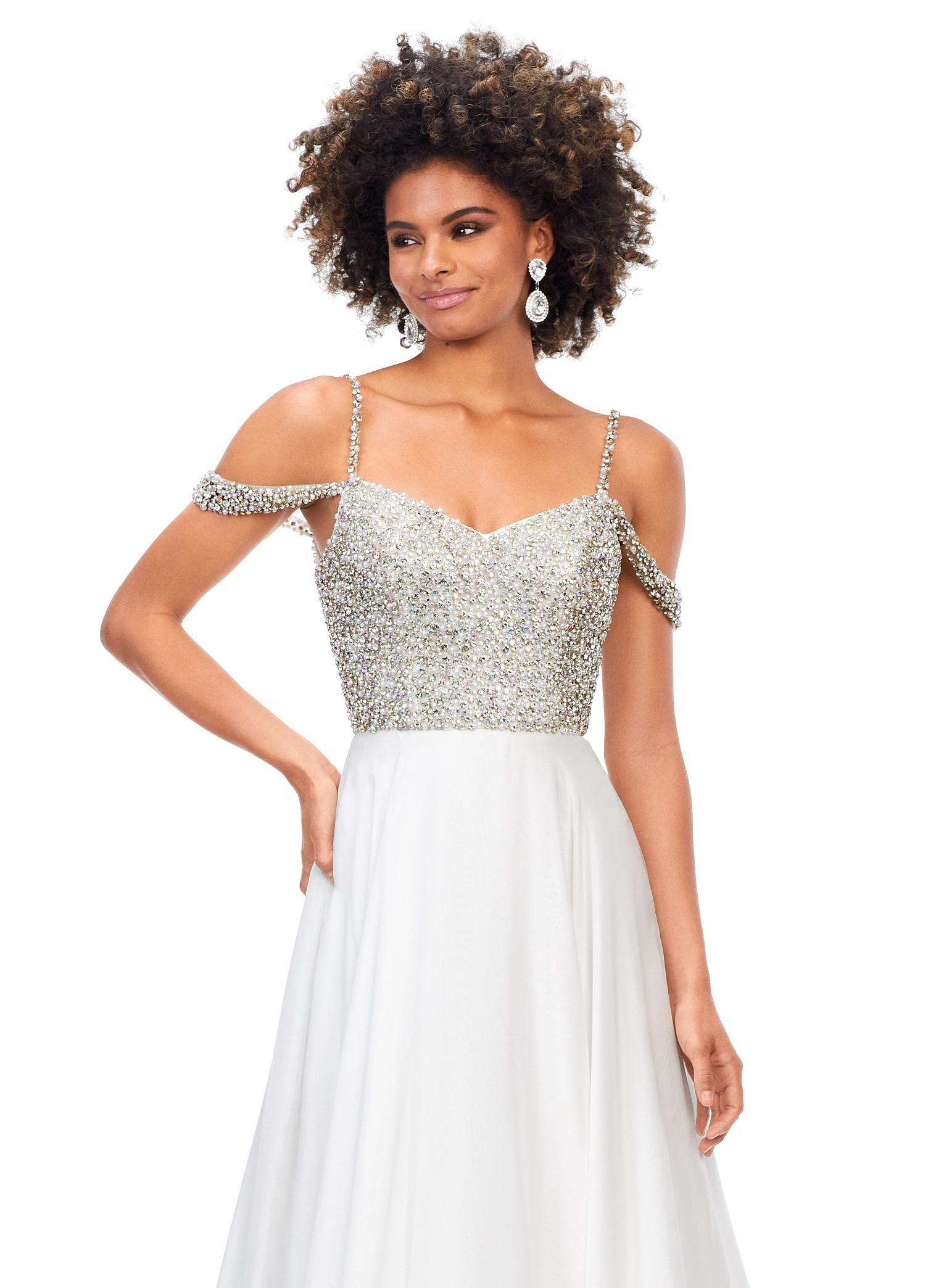 ASHLEYlauren 11253 – A dazzling chiffon A-line gown featuring a sweetheart neckline and a fully encrusted bustier with crystals and pearls, along with crystal and pearl-encrusted spaghetti and shoulder straps. Perfect for making an unforgettable statement at any event.