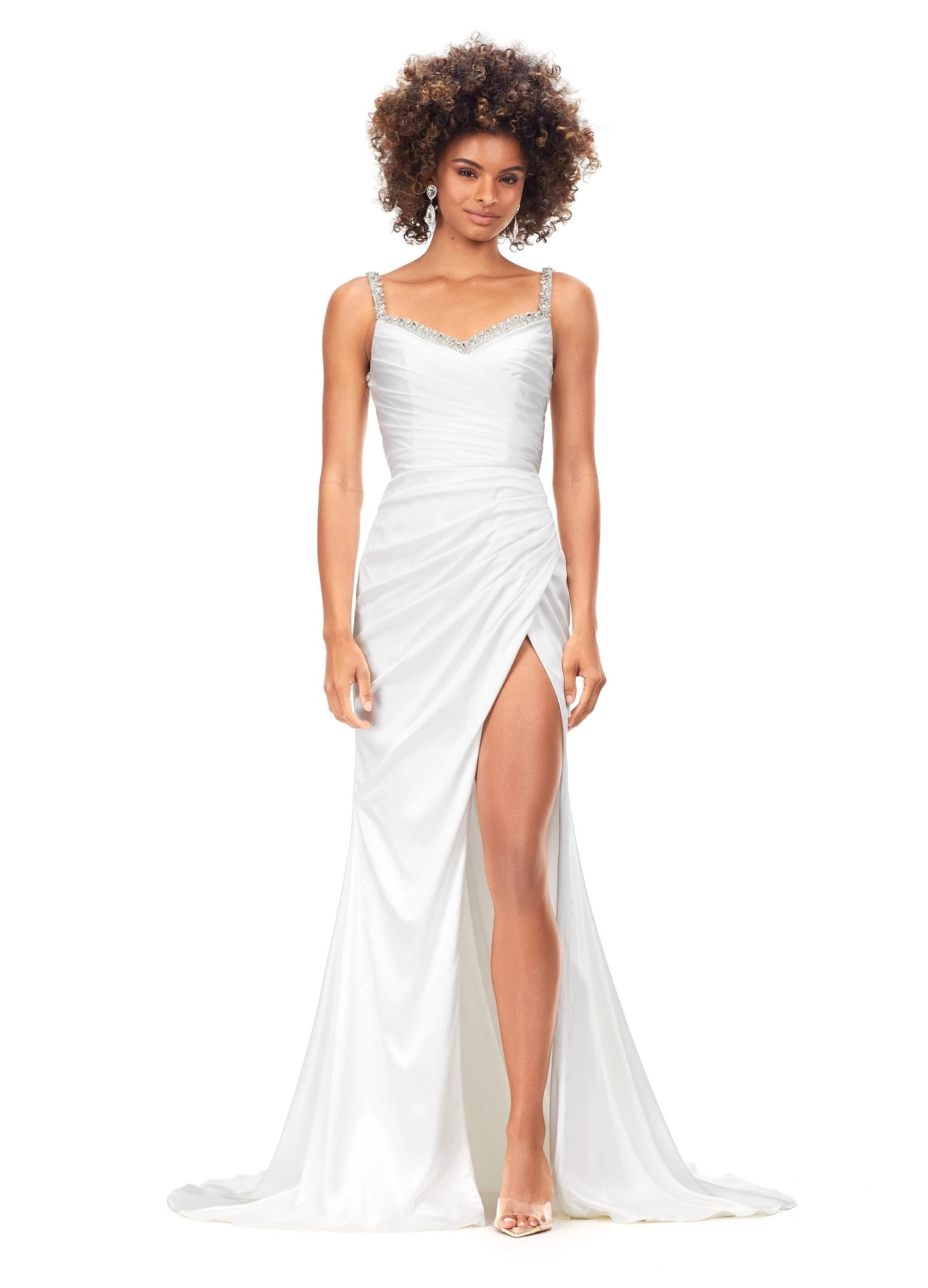 Ivory ASHLEYlauren 11298 satin gown featuring a modified sweetheart neckline with crystal trim, ruched bodice, wrap skirt with left leg slit, and lace-up back.