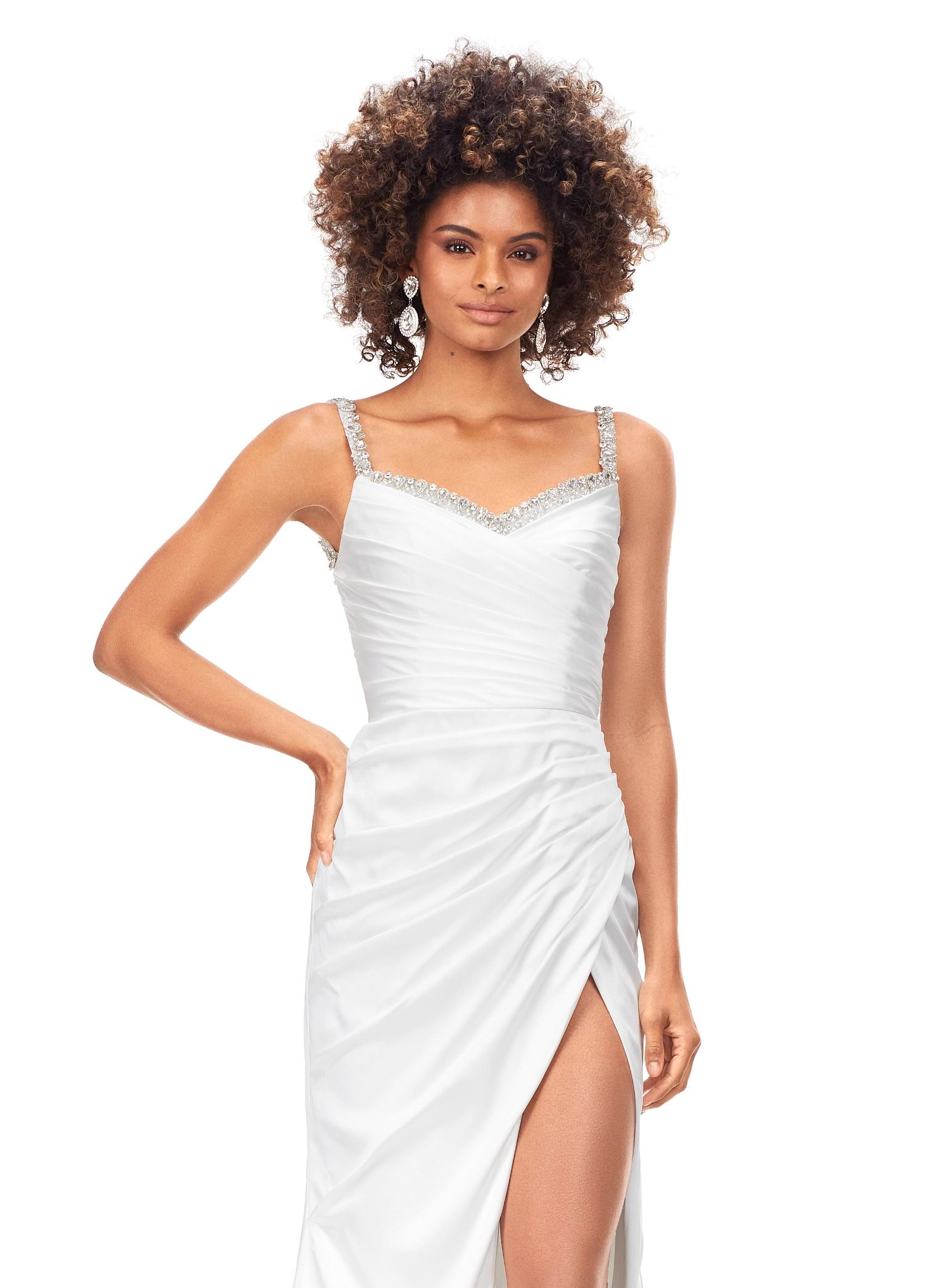 Ivory ASHLEYlauren 11298 satin gown featuring a modified sweetheart neckline with crystal trim, ruched bodice, wrap skirt with left leg slit, and lace-up back.