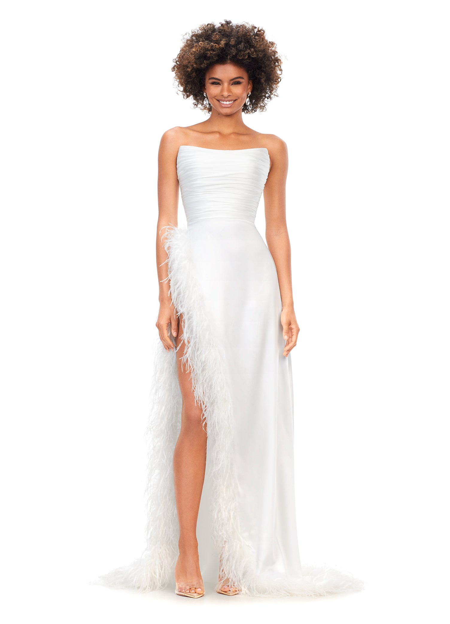 Ivory ASHLEYlauren 11313 Strapless Satin Gown with Feather Trim