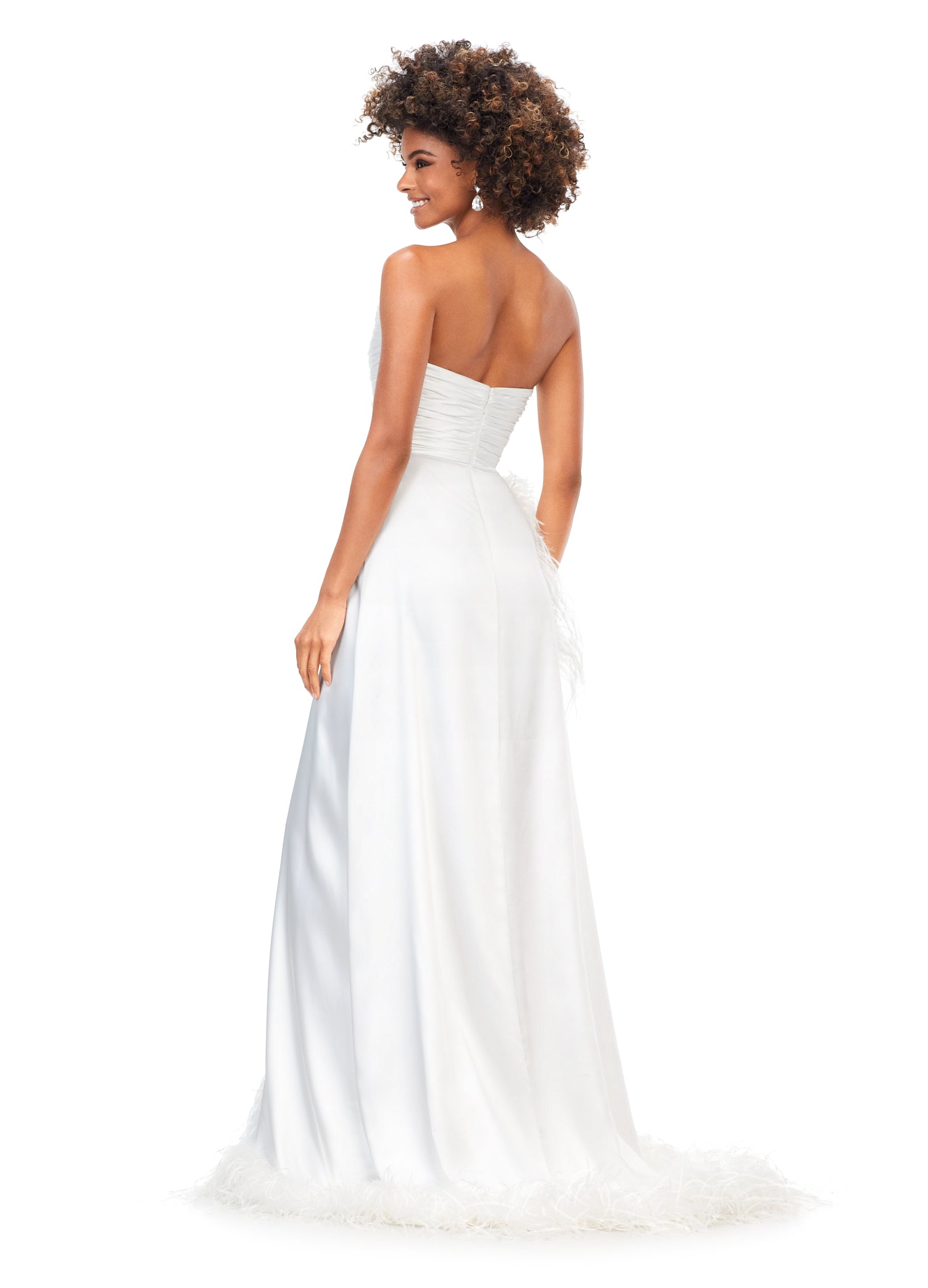 Back - Ivory ASHLEYlauren 11313 strapless satin gown featuring a ruched bustier, slight A-line skirt, high right leg slit, and cascading feather trim along the hemline.