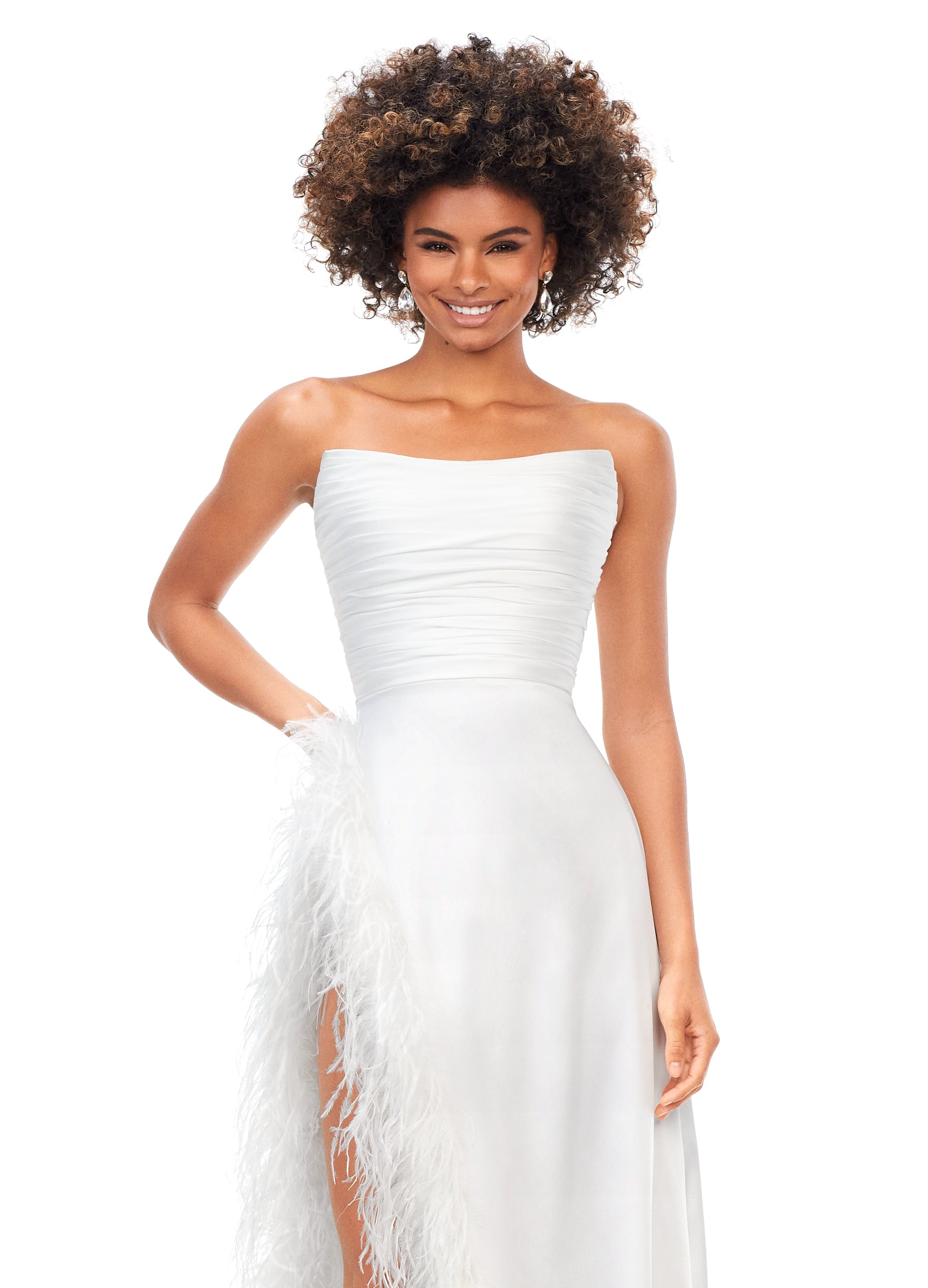 Ivory ASHLEYlauren 11313 strapless satin gown featuring a ruched bustier, slight A-line skirt, high right leg slit, and cascading feather trim along the hemline.