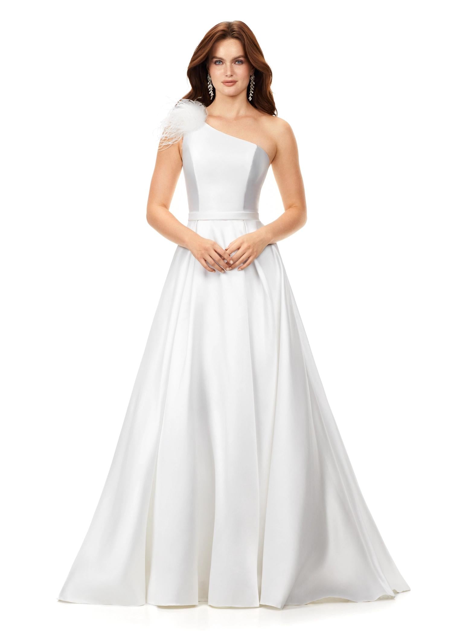 Ivory ASHLEYlauren 11336 one shoulder ball gown in Mikado fabric, featuring feather-embellished neckline and a classic A-line skirt.