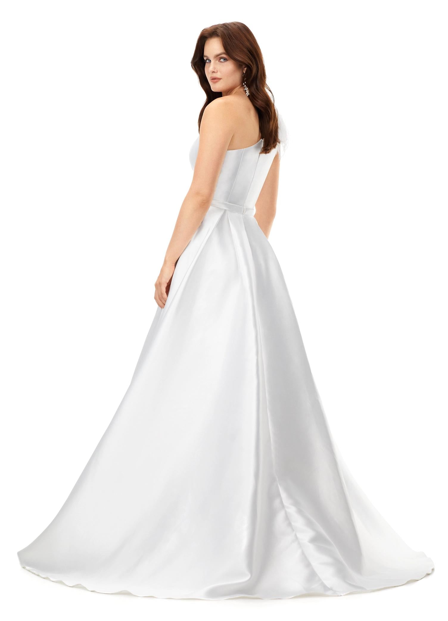 Back - Ivory ASHLEYlauren 11336 one shoulder ball gown in Mikado fabric, featuring feather-embellished neckline and a classic A-line skirt.