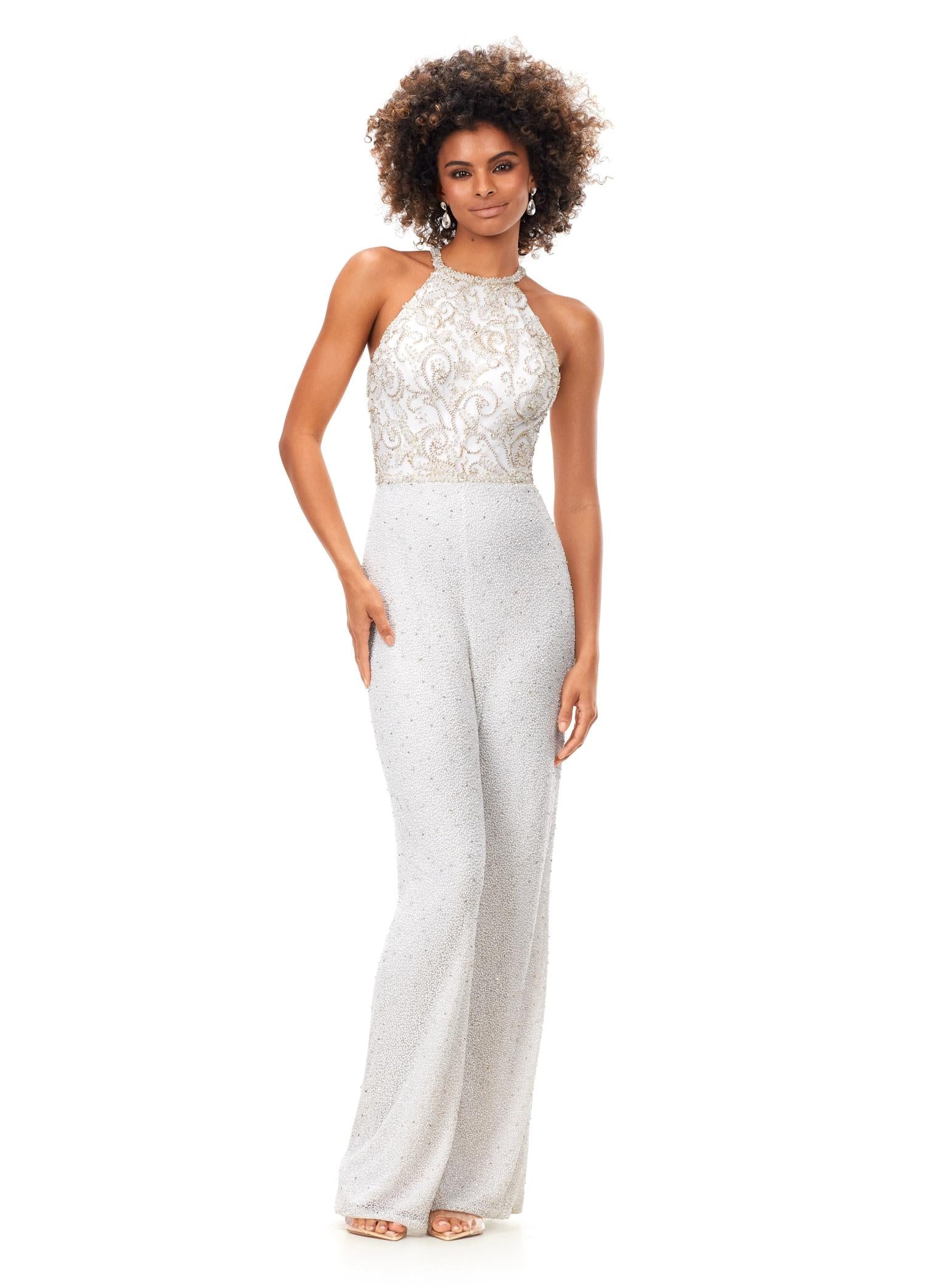 Ivory ASHLEYlauren 11339 unique halter-style jumpsuit featuring an intricately hand-beaded bodice, open back, and flowing wide-leg pants for a bold and sophisticated statement look.