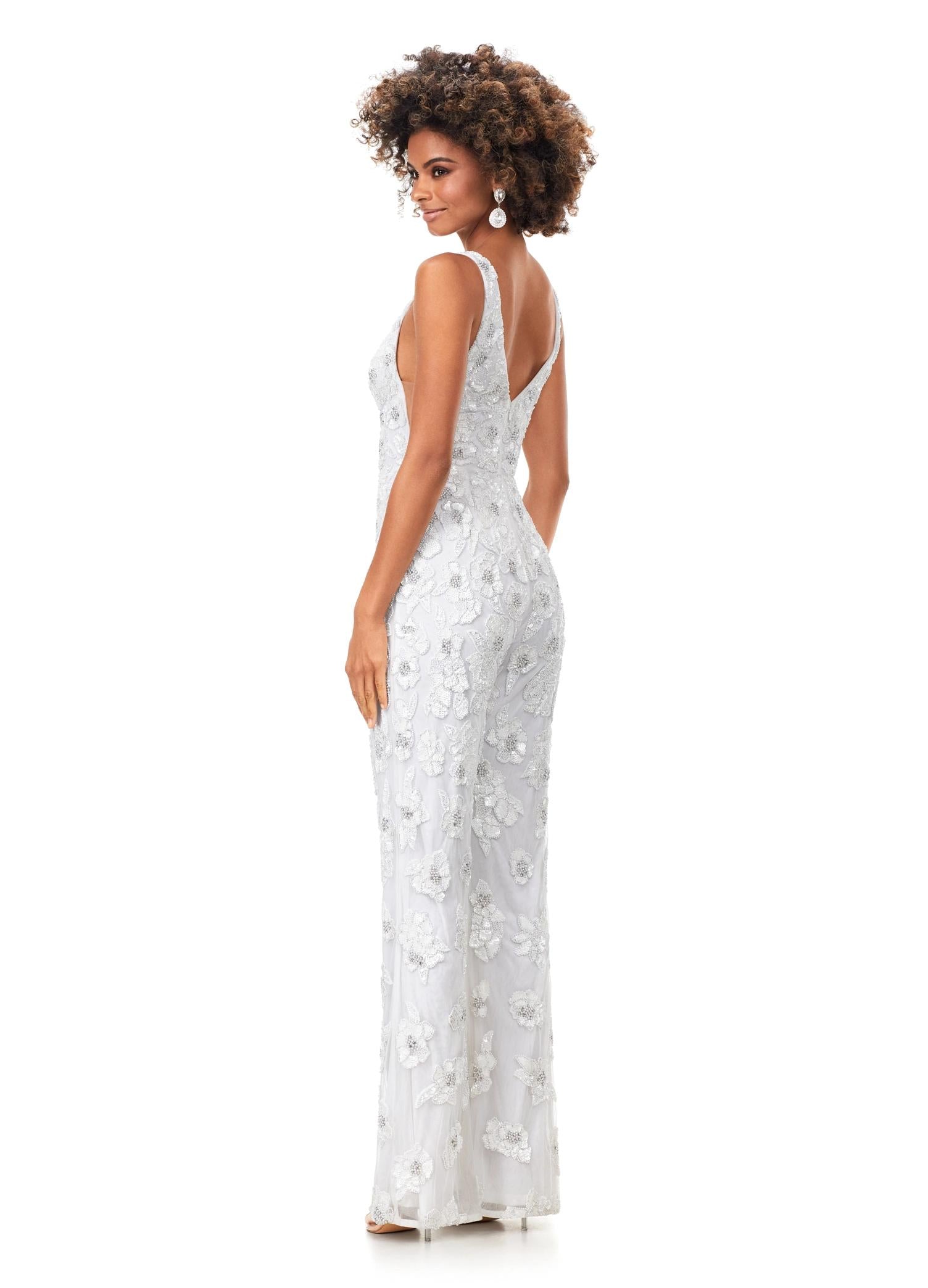 Back - Ivory ASHLEYlauren 11355 fully hand-beaded jumpsuit featuring an intricate floral bead pattern, V-neckline, V-back, and straight leg pants.