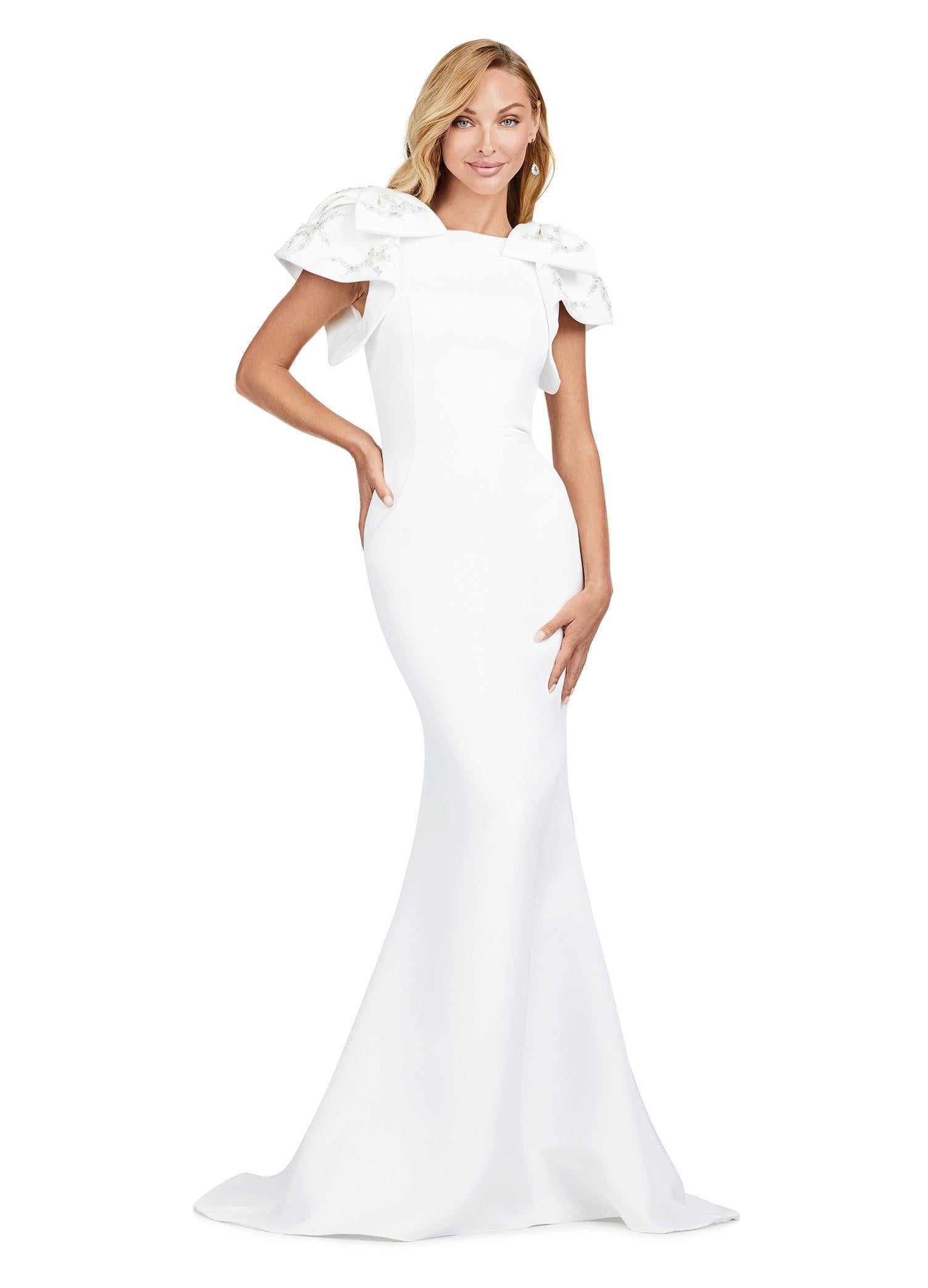 Ivory ASHLEYlauren 11415 double-faced satin gown featuring a crew neckline, oversized bow shoulder details, and radiant beading on layered shoulder straps for an elegant finish.