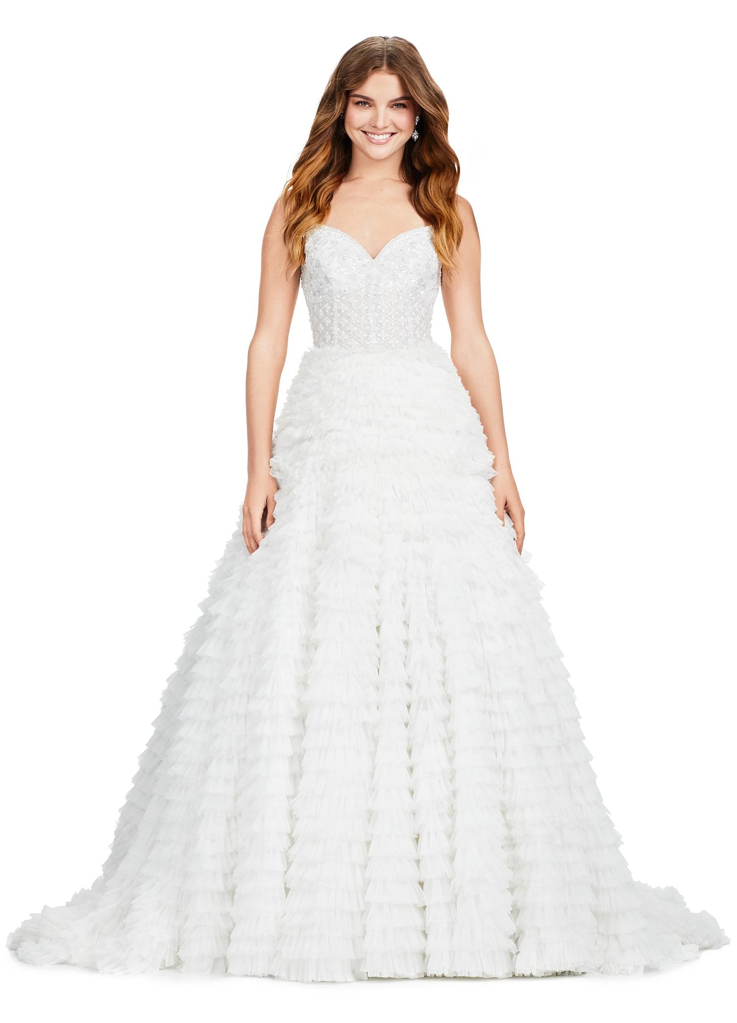 Ivory ASHLEYlauren 11427 breathtaking ball gown featuring a fully beaded bustier, sweetheart neckline, and a voluminous tiered tulle skirt for an enchanting and regal look.