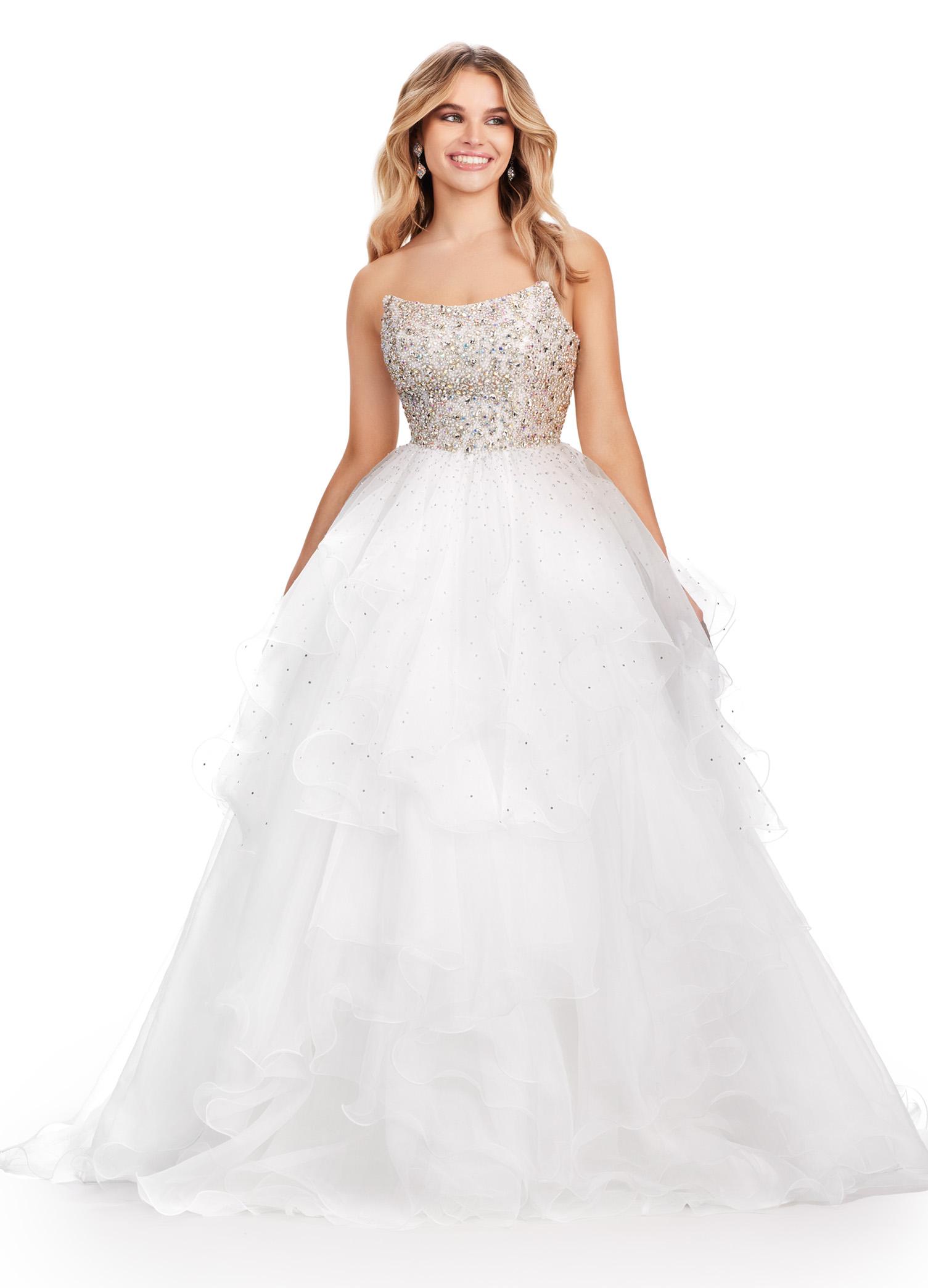 Ivory ASHLEYlauren 11545 Strapless Organza Ball Gown with Beaded Bustier, Ruffled Organza Skirt, and Handkerchief Hem