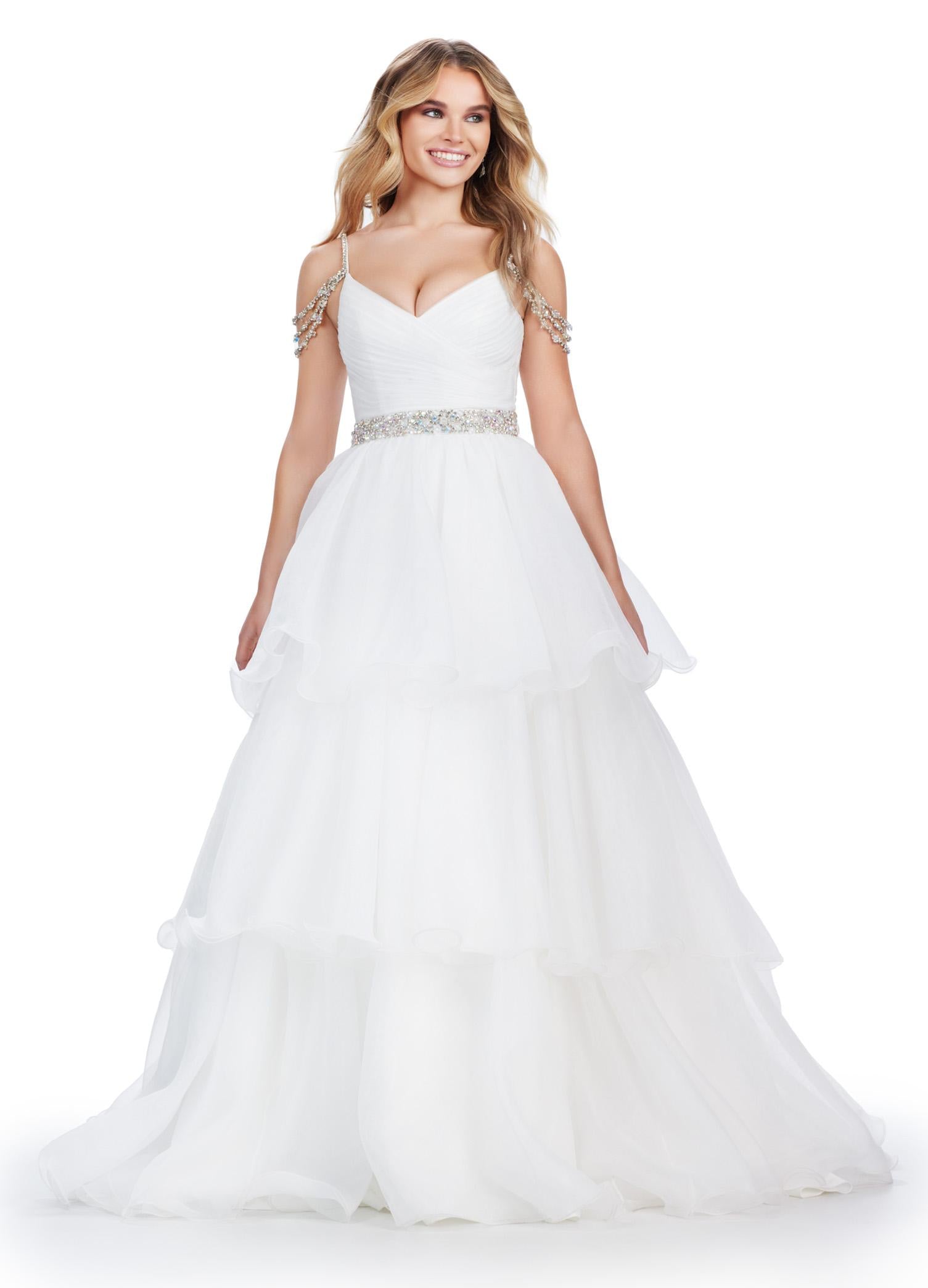 Ivory ASHLEYlauren 11561 Organza Ball Gown with Sweetheart Neckline, Beaded Off Shoulder Straps, Beaded Waistband, and Tiered Organza Skirt