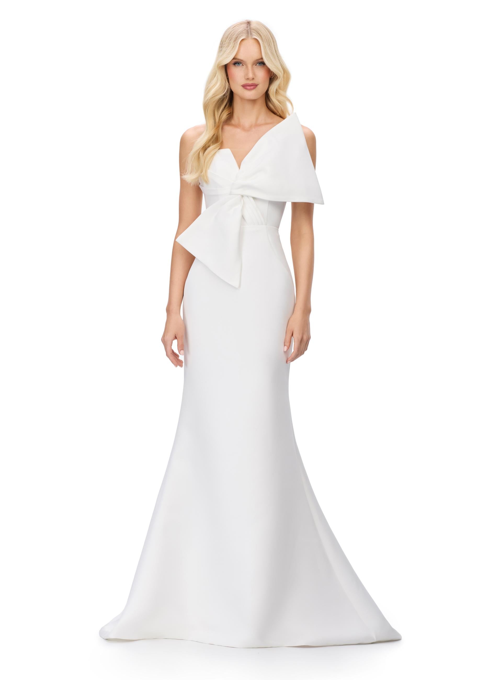 Ivory ASHLEYlauren 11702 Classic Satin Evening Gown with Spaghetti Straps, Illusion V-Neckline, and Statement Oversized Bow
