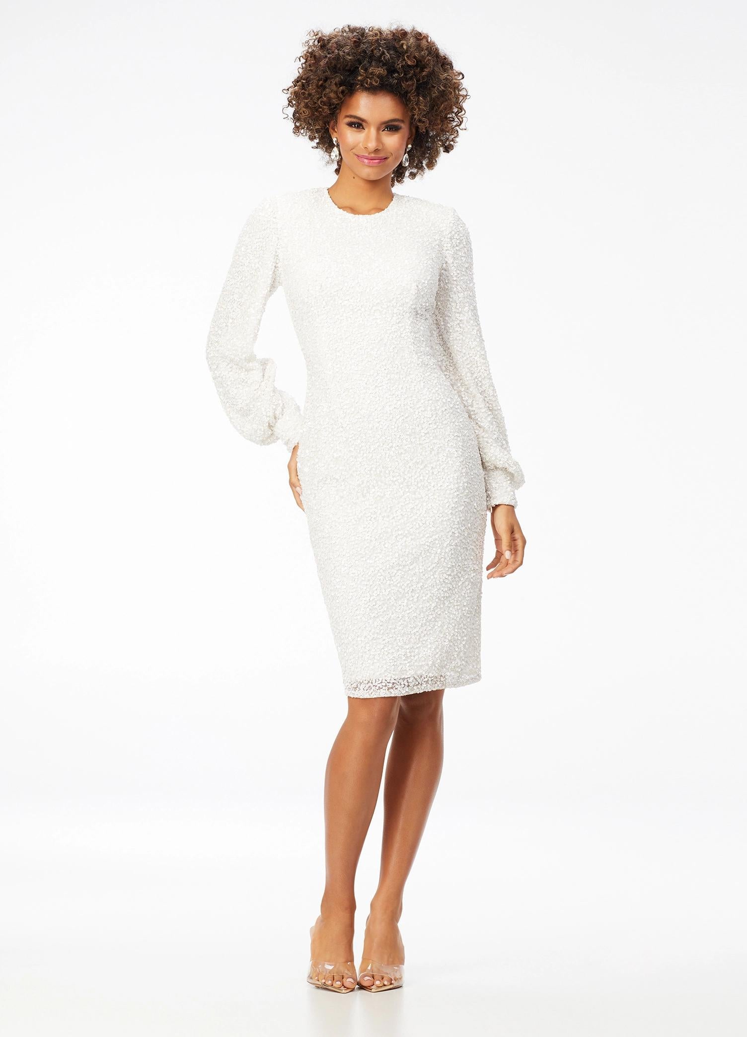 Ivory ASHLEYlauren 4496 elegant fully sequin gown featuring a crew neckline, bishop sleeves, fitted tea-length skirt, and full zipper back for a sophisticated and timeless look.