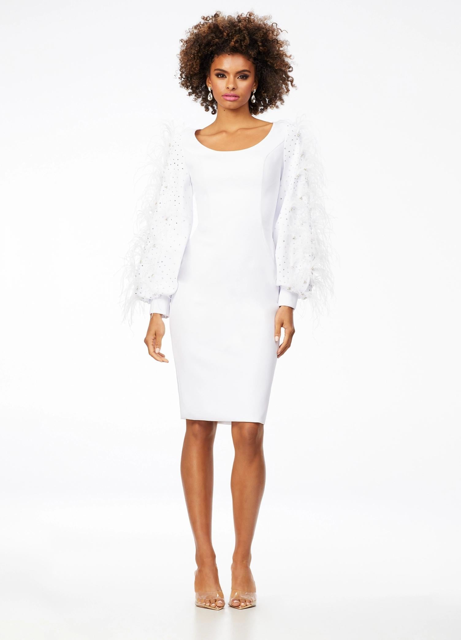 Ivory ASHLEYlauren 4545 elegant scuba cocktail dress featuring a scoop neckline, bishop sleeves embellished with scattered crystals and feathers, a fitted tea-length skirt, and a full zipper back for a sophisticated finish.