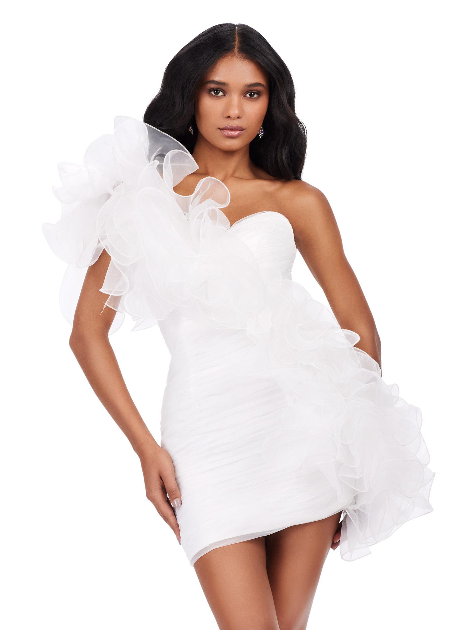 Ivory ASHLEYlauren 4672 fitted organza cocktail dress featuring an oversized asymmetrical one shoulder ruffle cascading onto the skirt and an asymmetrical hem for a bold and elegant statement look.