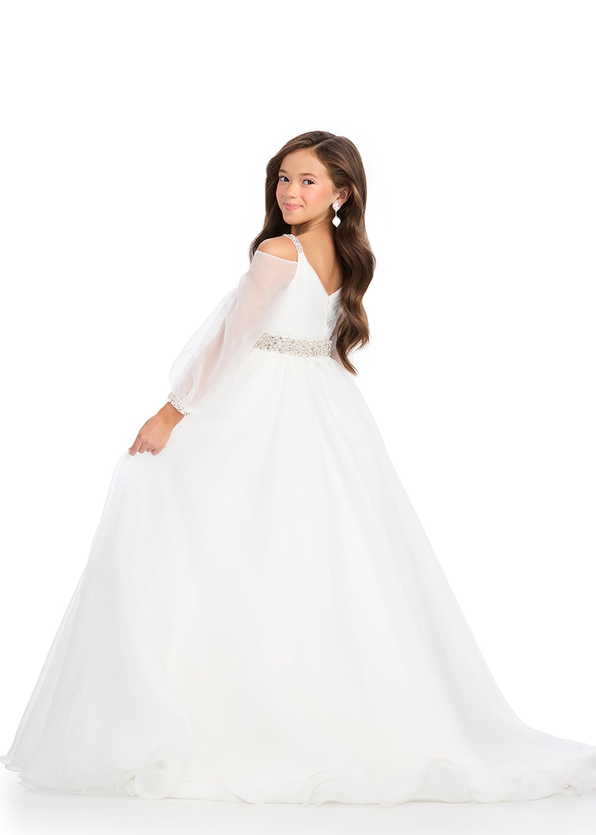 Back - ASHLEYlauren 8273 Organza Ball Gown with V-Neckline, Off-the-Shoulder Balloon Sleeves, and Beaded Waistband