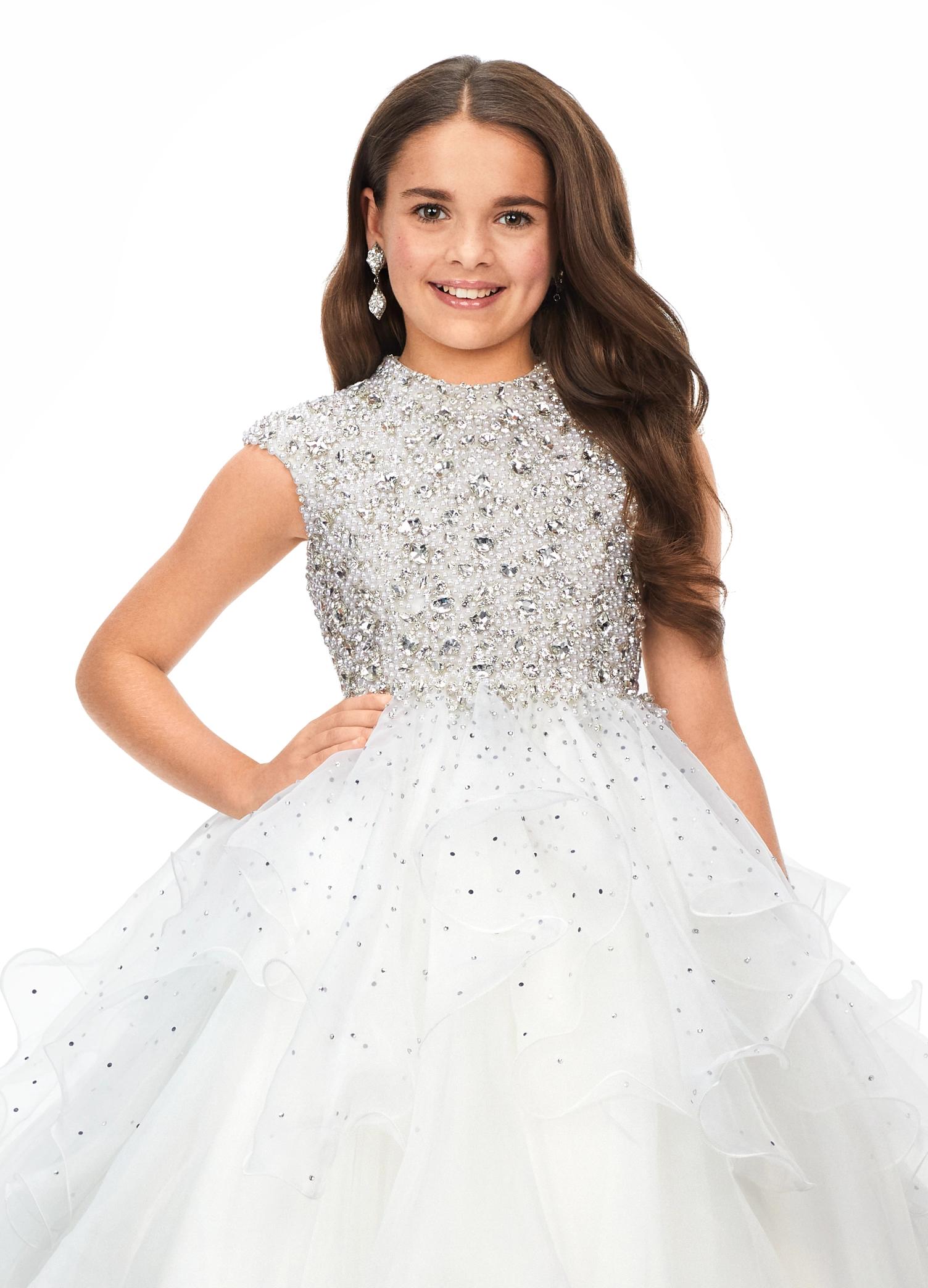 ASHLEYlauren Kids 8180 High Neckline Ball Gown with Crystal & Pearl Bodice and Ruffle Skirt