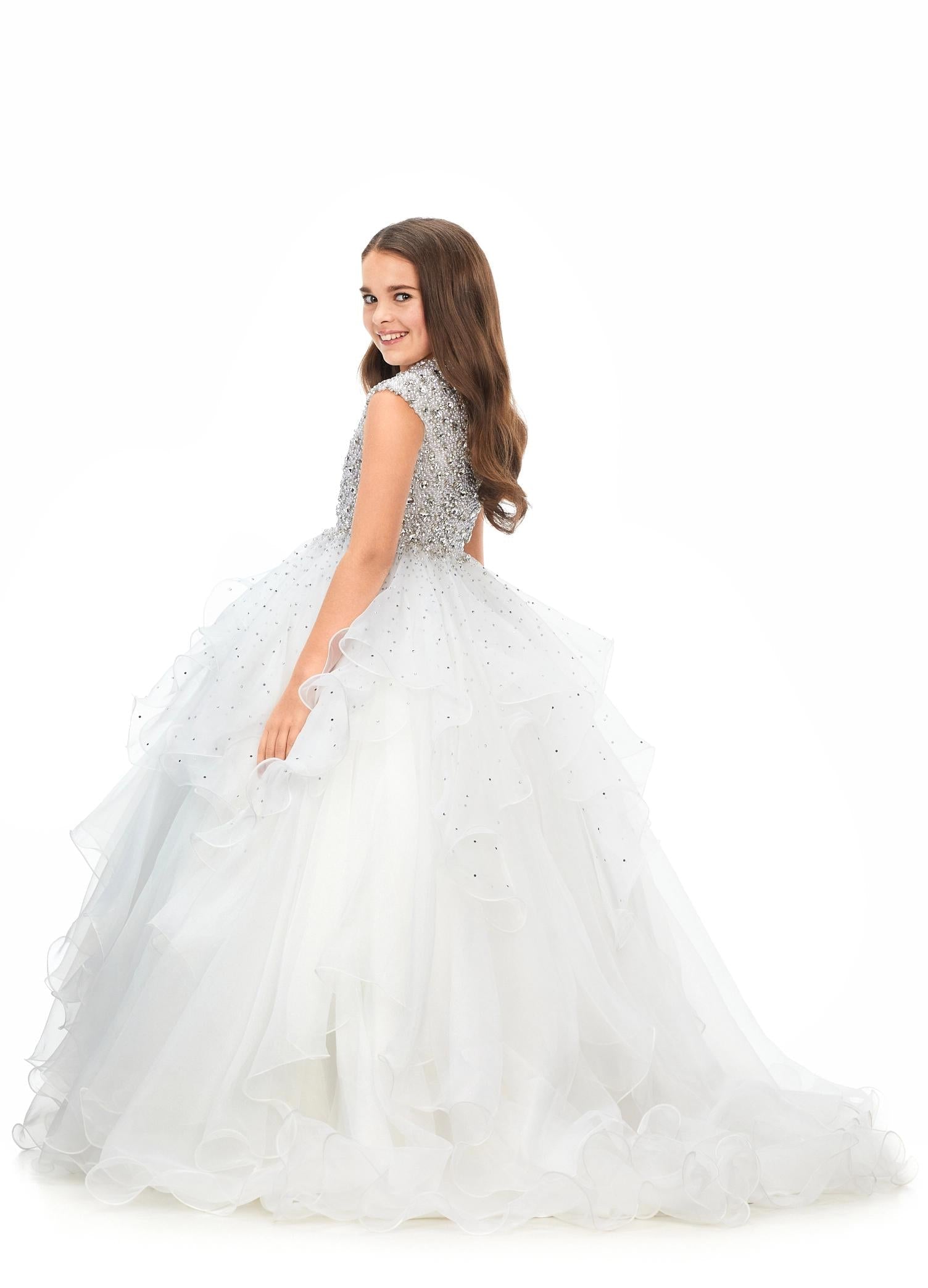 ASHLEYlauren Kids 8180 High Neckline Ball Gown with Crystal & Pearl Bodice and Ruffle Skirt