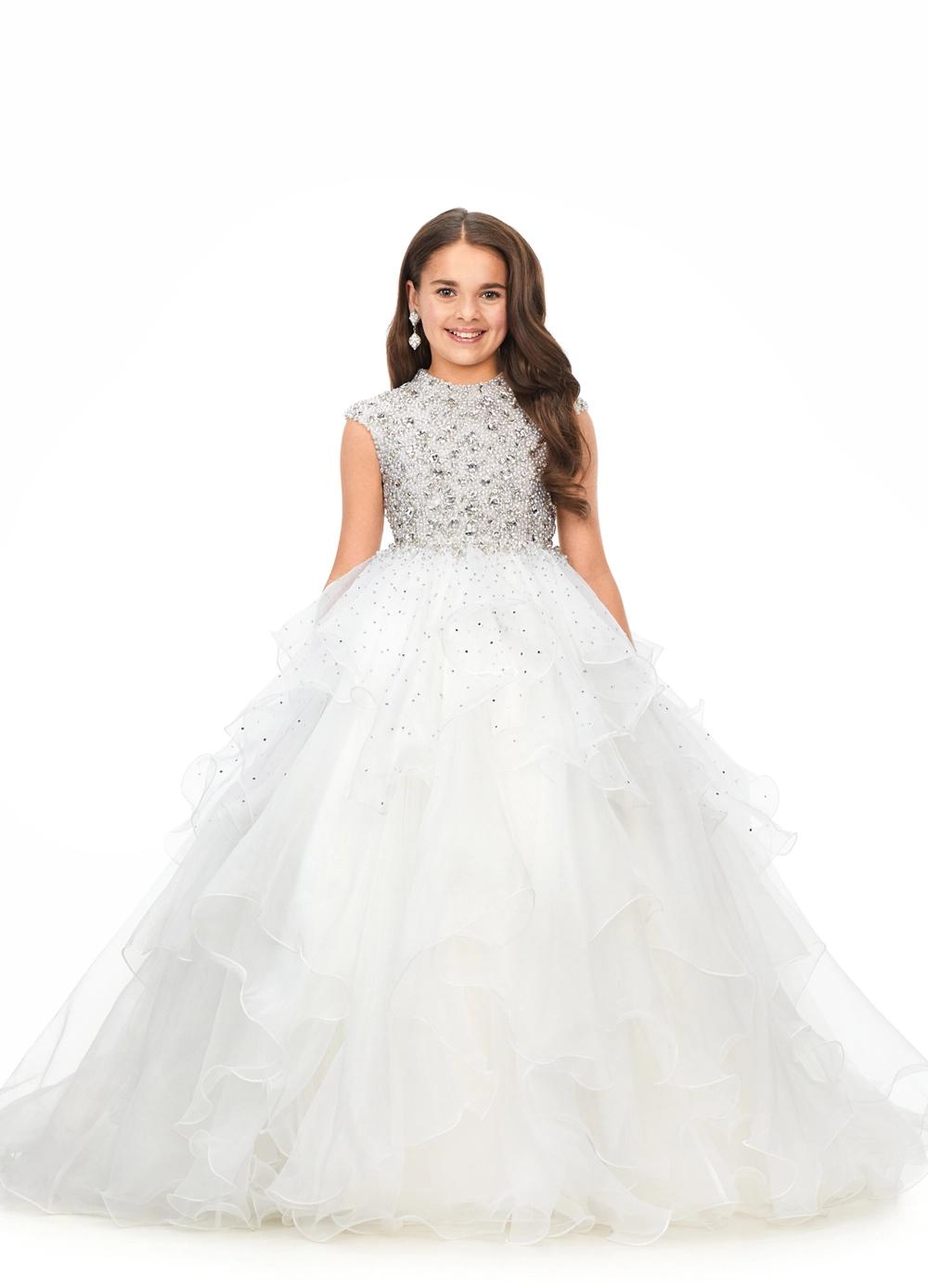 ASHLEYlauren Kids 8180 High Neckline Ball Gown with Crystal & Pearl Bodice and Ruffle Skirt
