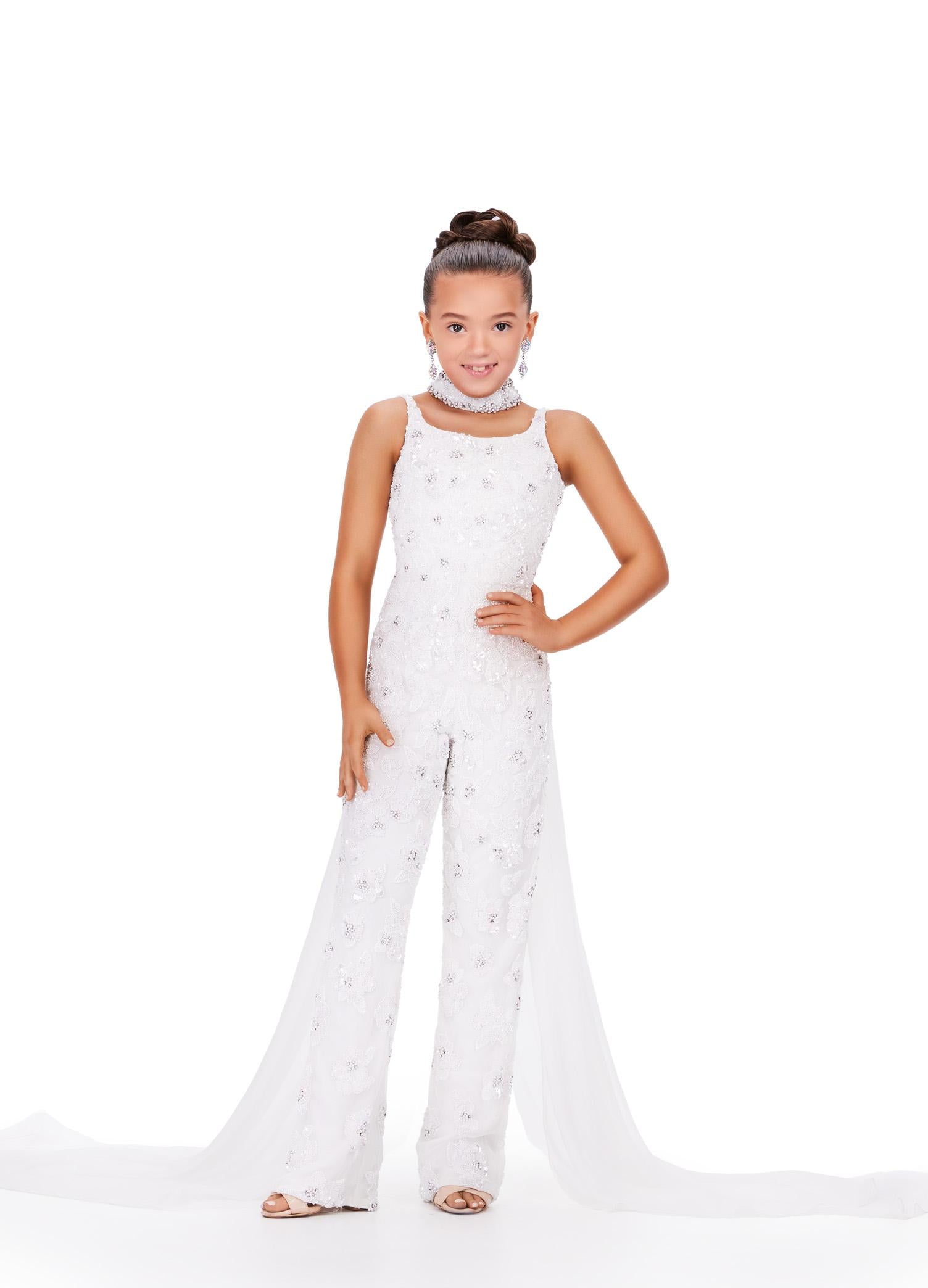Ivory ASHLEYlauren Kids 8190 Fully Beaded Jumpsuit with Matching Choker and Attached Cape