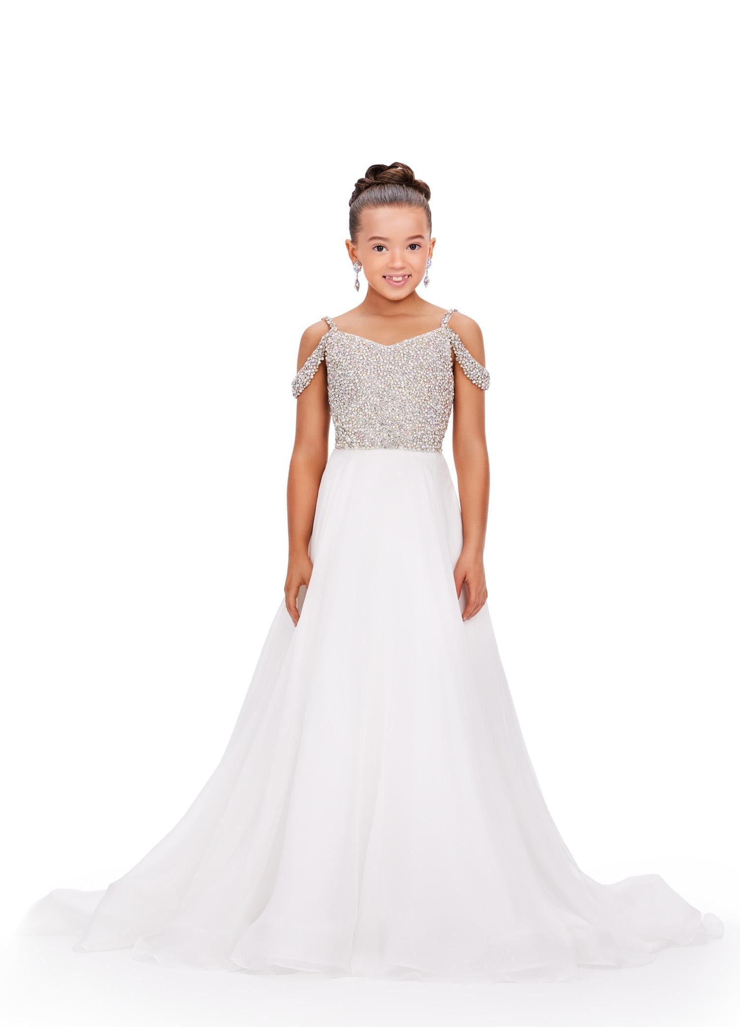 Ivory ASHLEYlauren Kids 8220 Off Shoulder Gown with Beaded Bustier and Chiffon A-Line Skirt