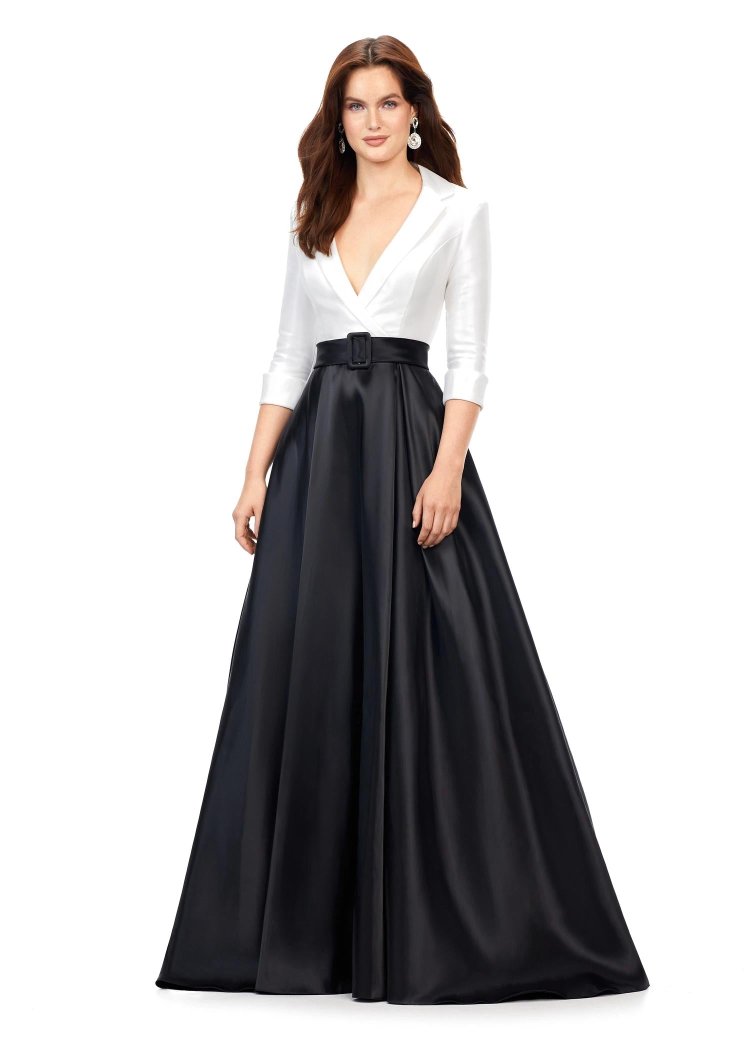 Ivory/Black ASHLEYlauren 11326 Elegant Phantom Satin Ball Gown with V-Neckline, Wrap Lapel Detail, Buckled Waist Belt, Full Skirt, and Hidden Pockets