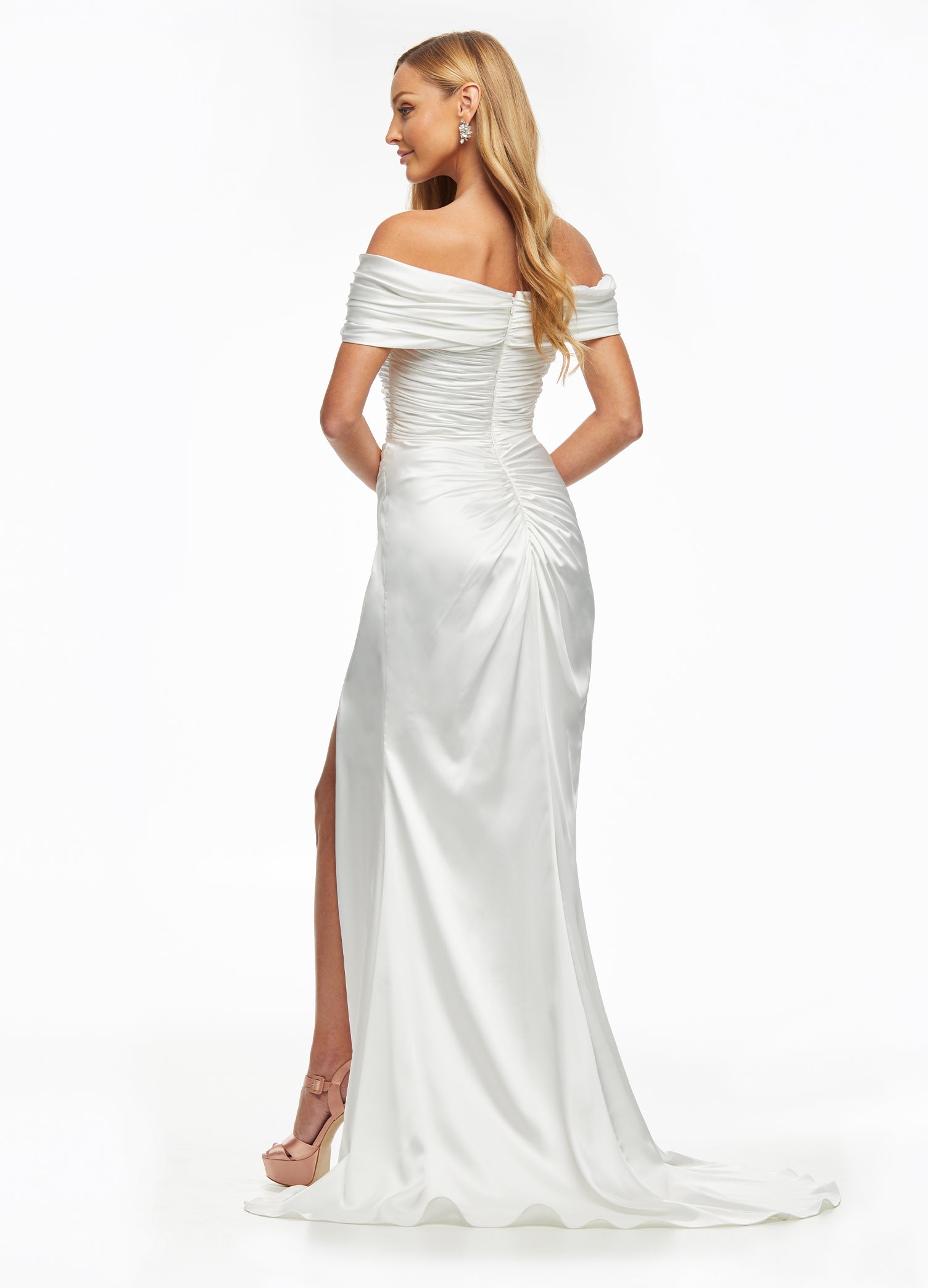 Back - ASHLEYlauren 11093 – A stunning off-shoulder satin gown featuring a ruched bustier, flattering wrap skirt, ruched back, and left leg slit. The perfect combination of elegance and style to showcase your figure.