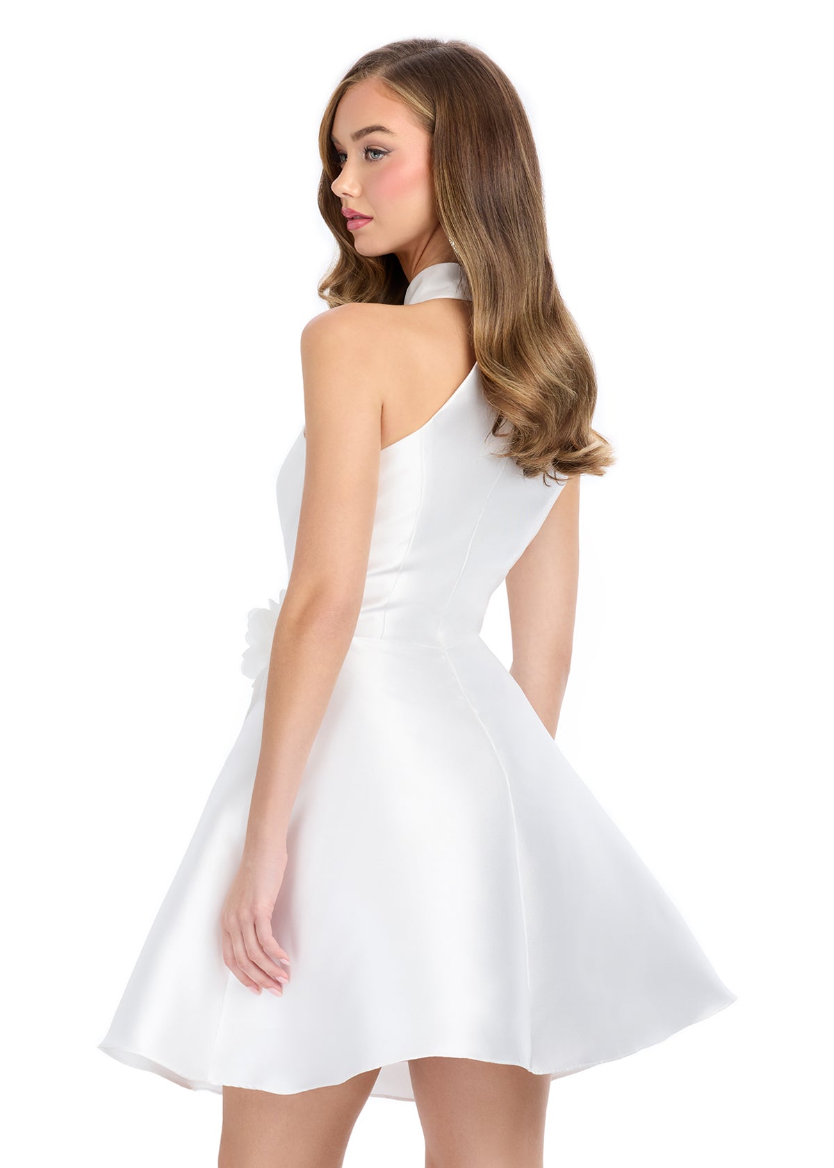 Back - Ivory ASHLEYlauren 4803 Mikado A-Line Dress with Halter Neckline, Ruched Skirt, and 3D Floral Accent