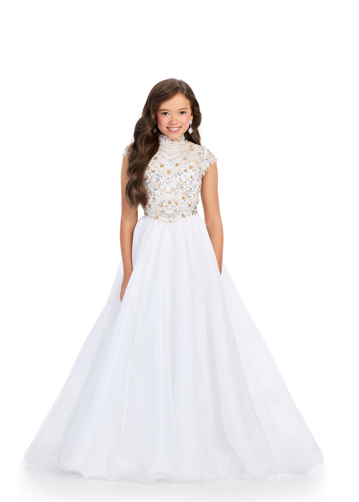 Ivory ASHLEYlauren 8296 Ball Gown with Halter Neckline, Fully Beaded Bodice, Open Back, and Flowing Organza Skirt with Sweeping Train