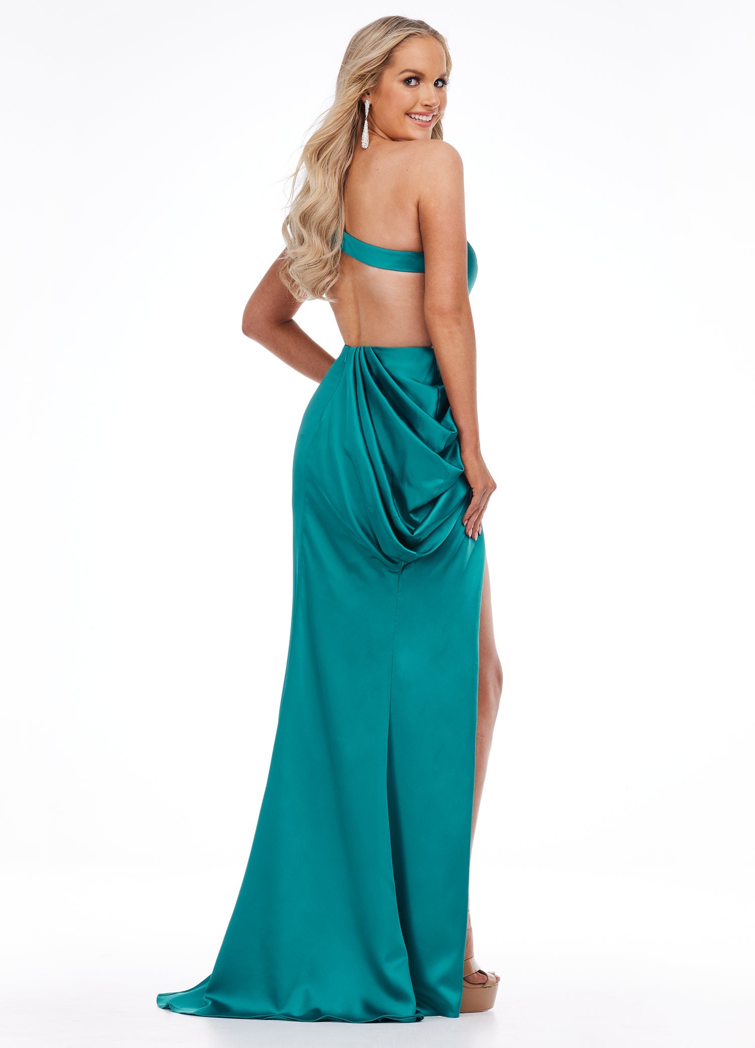 Back. Jade ASHLEYlauren 11164 One-Shoulder Satin Gown with Ruched Bustier, Crystal Belt Waistline, Draped Side Detail, Wrap Skirt, and Open Back