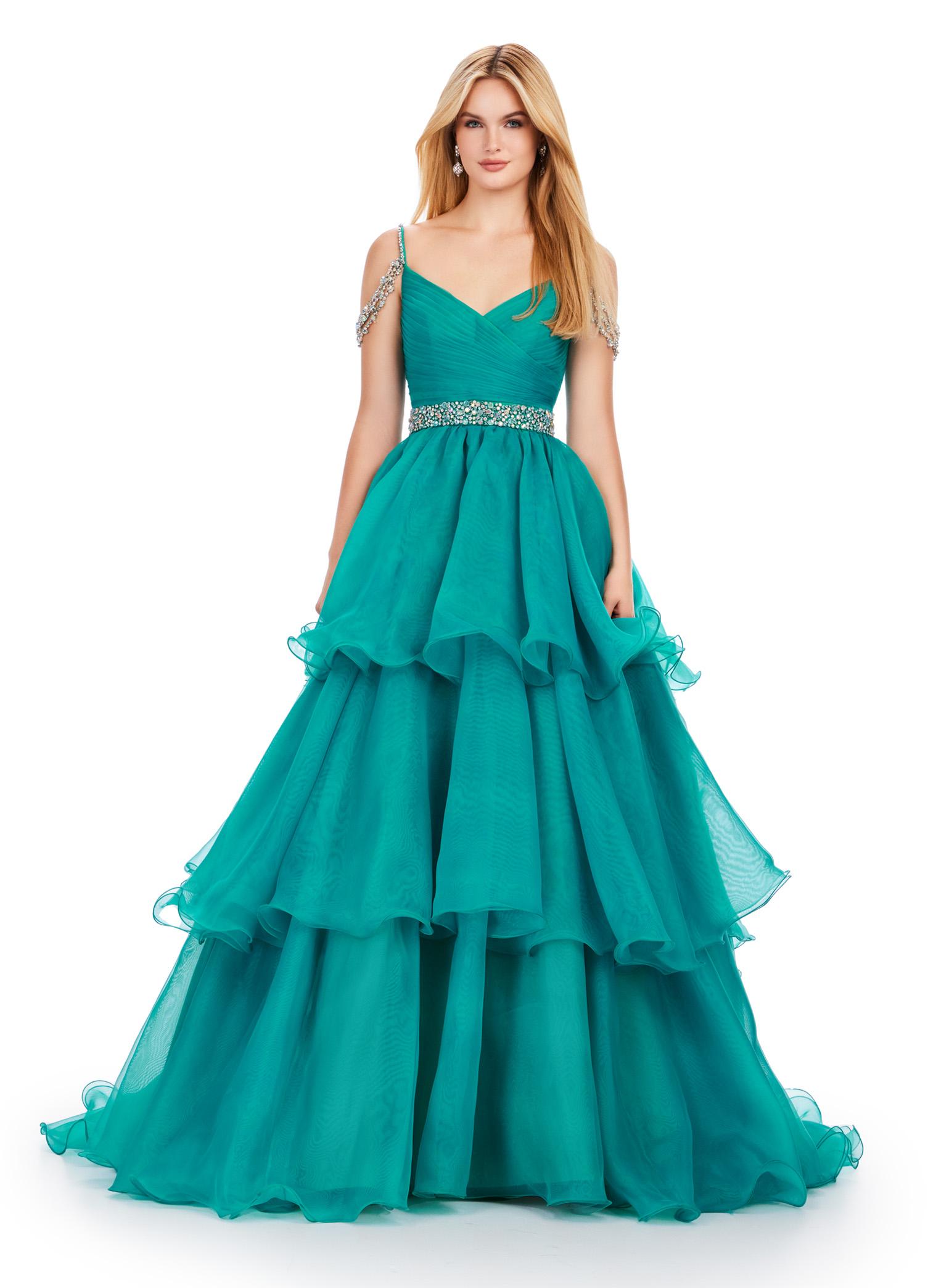 Jade ASHLEYlauren 11561 Organza Ball Gown with Sweetheart Neckline, Beaded Off Shoulder Straps, Beaded Waistband, and Tiered Organza Skirt