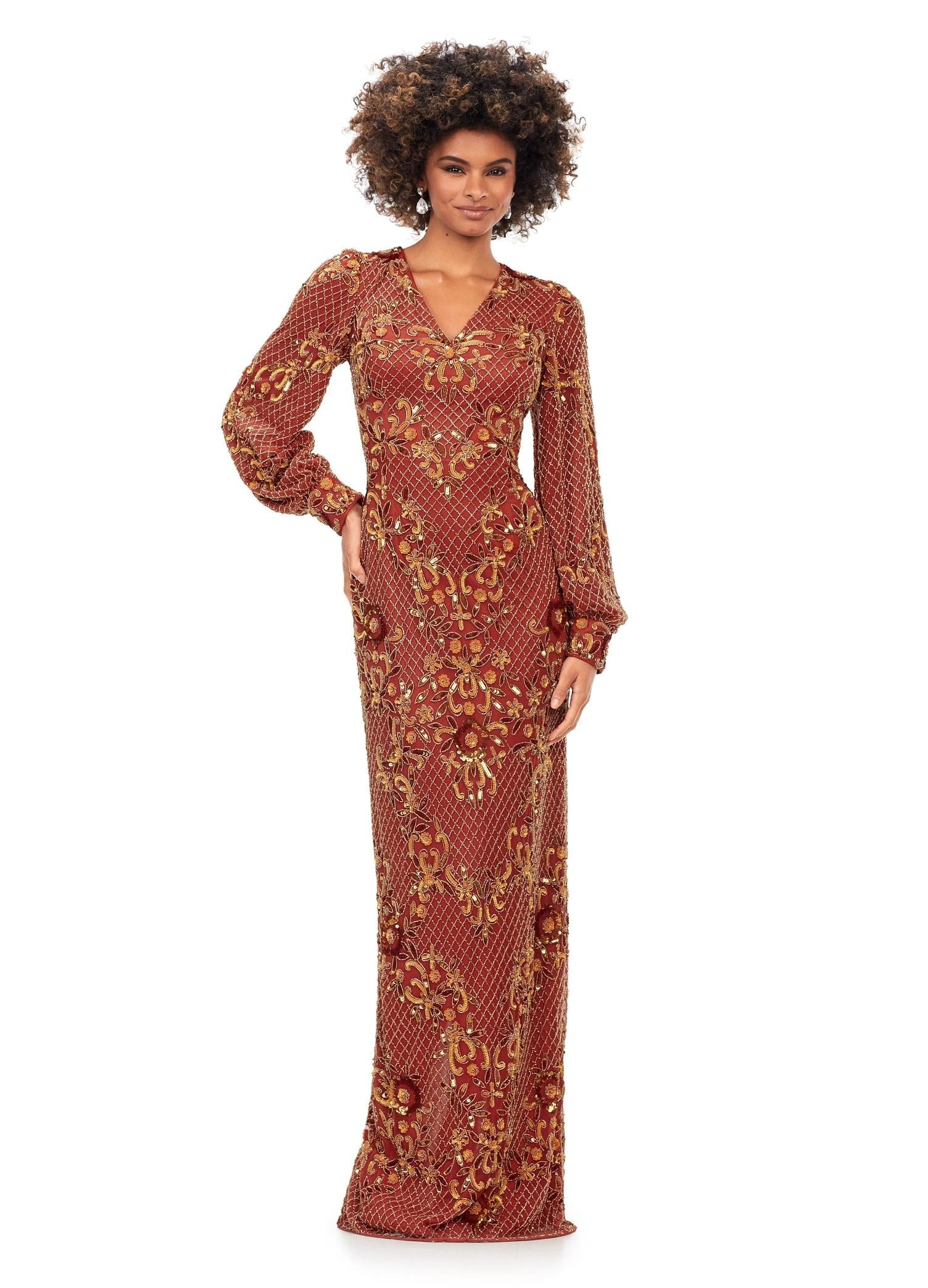 ちはる　ララムーン　ロング ASHLEYlauren 11193 - V-Neck Gown with Beaded Bishop Sleeves