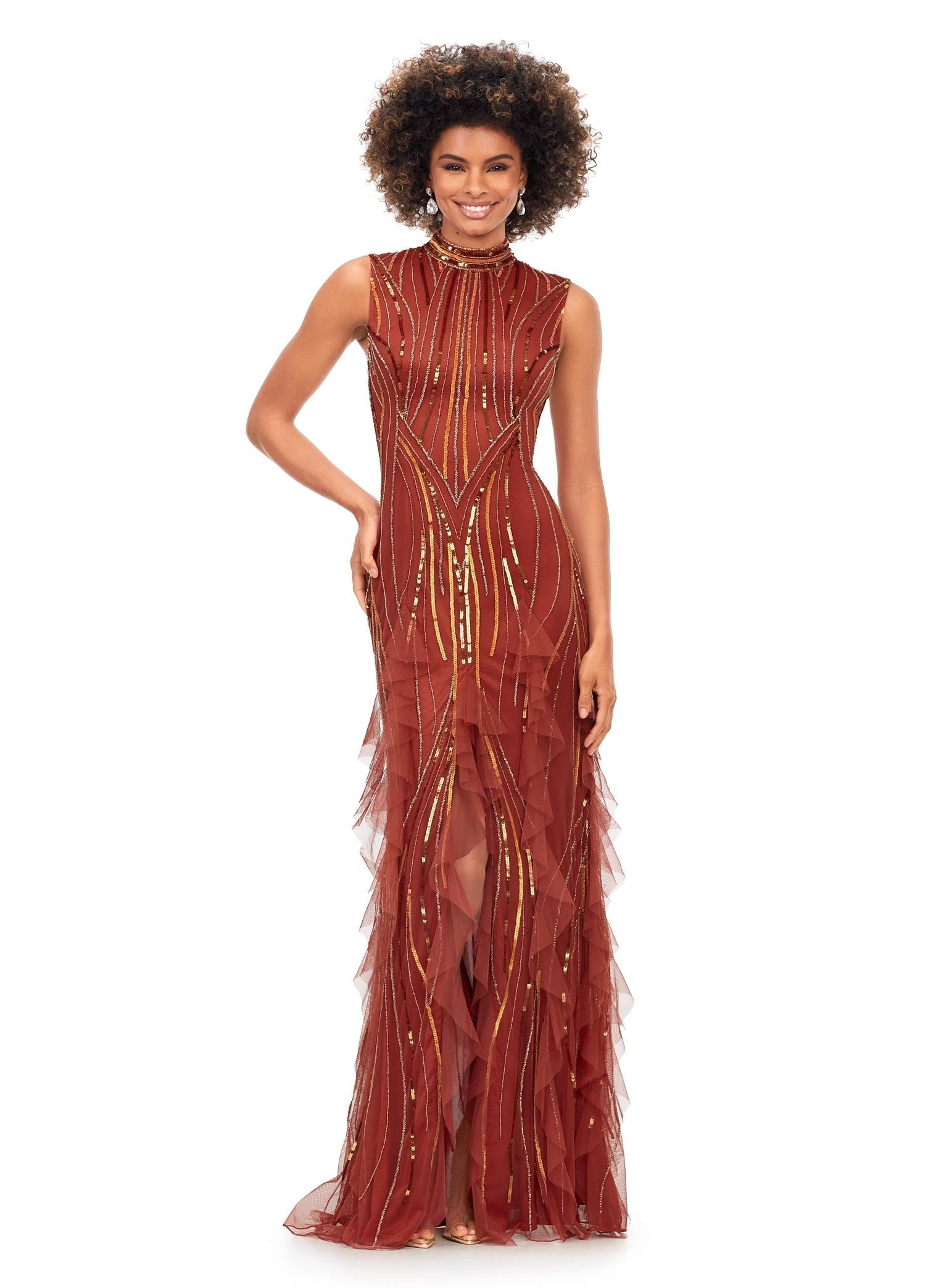 Light Amber ASHLEYlauren 11198 Elegant Hand Beaded Gown with High Neckline, Cap Sleeves, Intricate Beading, and Ruffled Skirt Accents