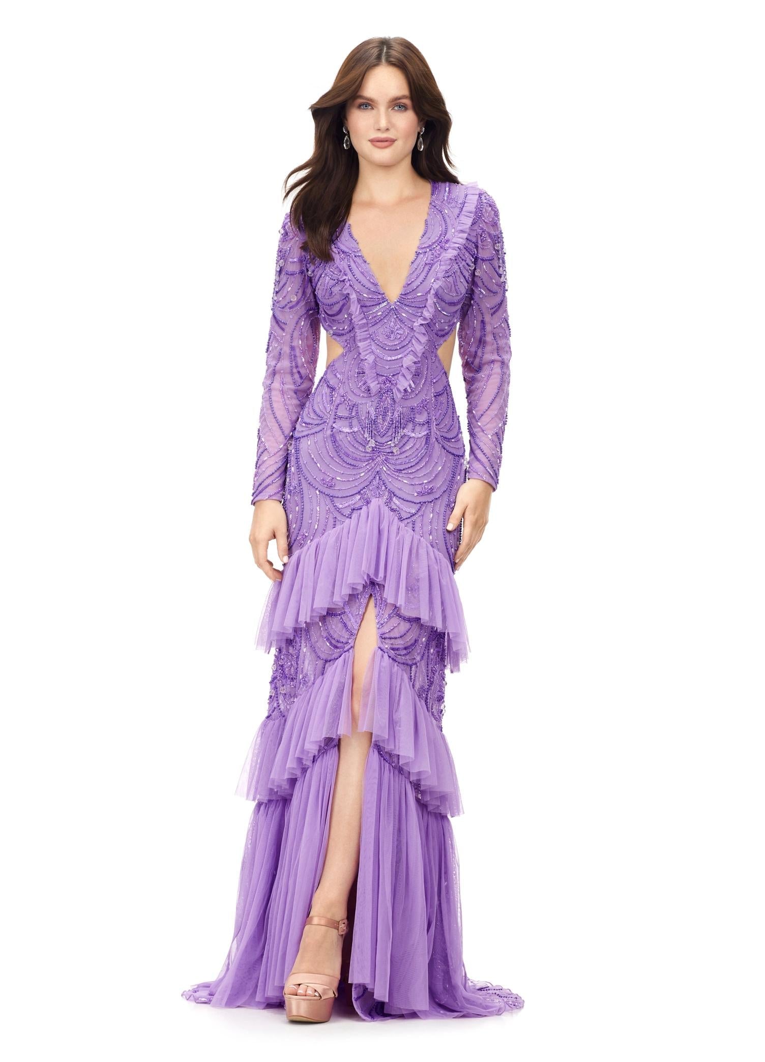 ロングバレリーナ ASHLEYlauren 11193 - V-Neck Gown with Beaded Bishop Sleeves