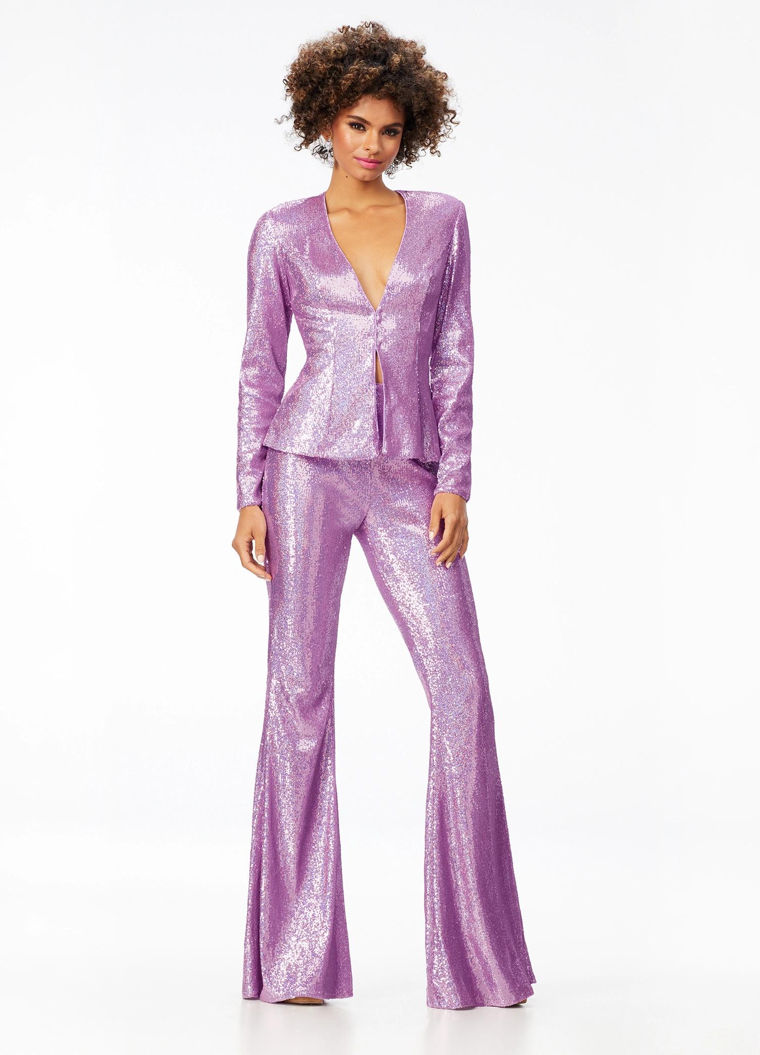 Lilac ASHLEYlauren 11223 – A stunning two-piece suit featuring a plunging sequin V-neckline blazer paired with fit & flare style pants. Perfect for making a bold, fashion-forward statement at your next event.