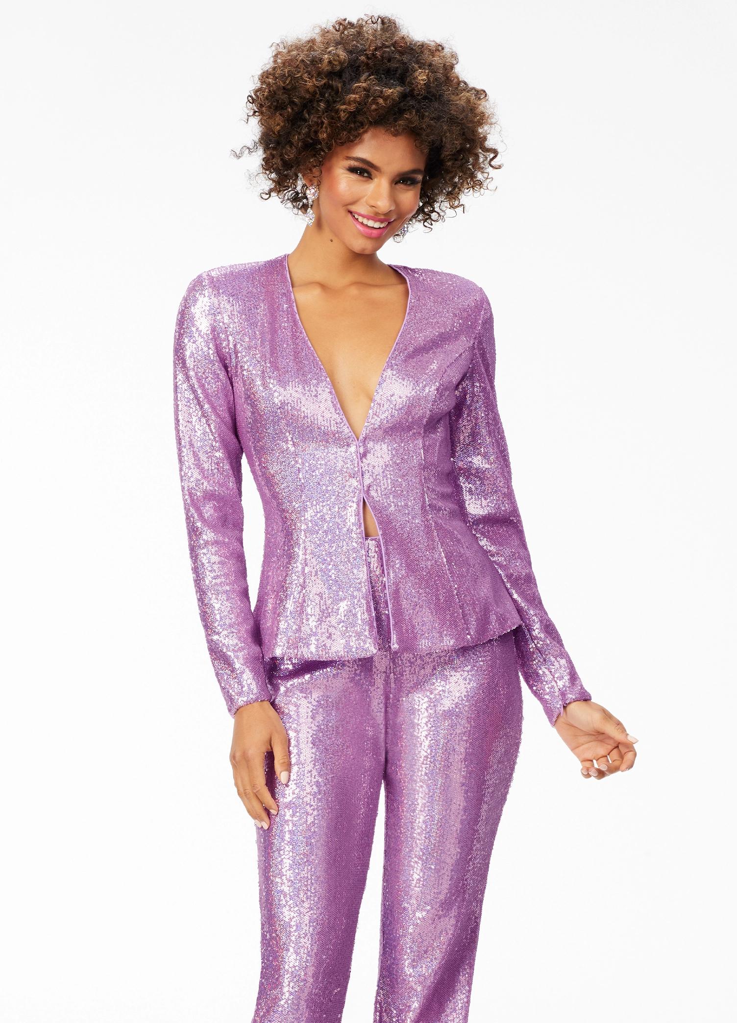 Lilac ASHLEYlauren 11223 – A stunning two-piece suit featuring a plunging sequin V-neckline blazer paired with fit &amp; flare style pants. Perfect for making a bold, fashion-forward statement at your next event.