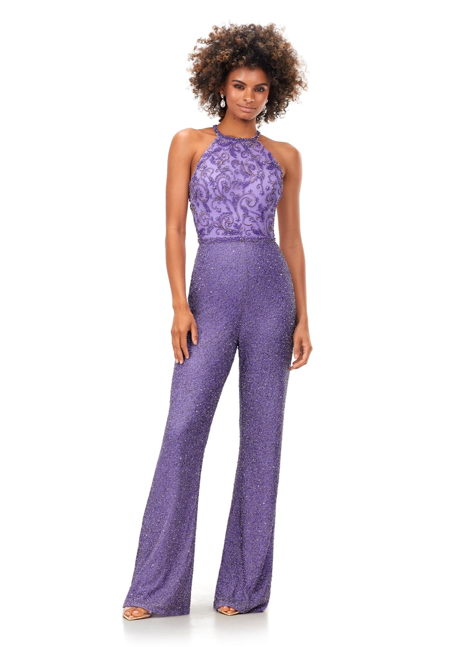 Lilac ASHLEYlauren 11339 unique halter-style jumpsuit featuring an intricately hand-beaded bodice, open back, and flowing wide-leg pants for a bold and sophisticated statement look.