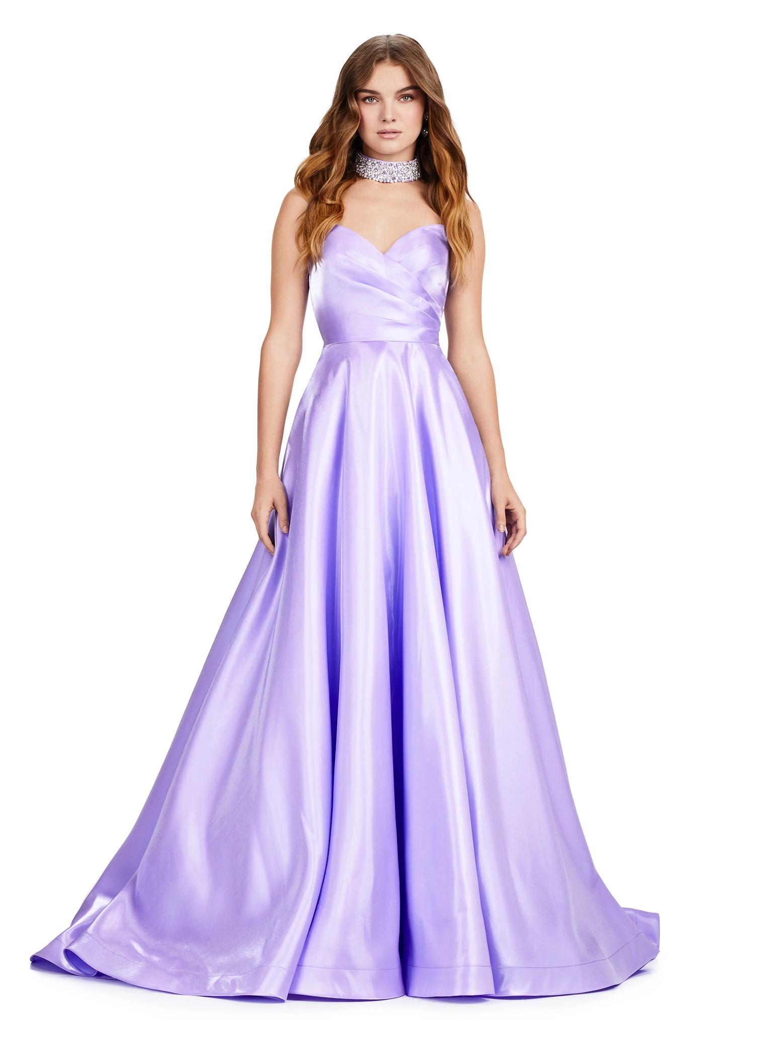Lilac ASHLEYlauren 11473 elegant A-line satin ball gown featuring a strapless sweetheart neckline, ruched bustier, and a fully beaded matching choker for a timeless and glamorous look.