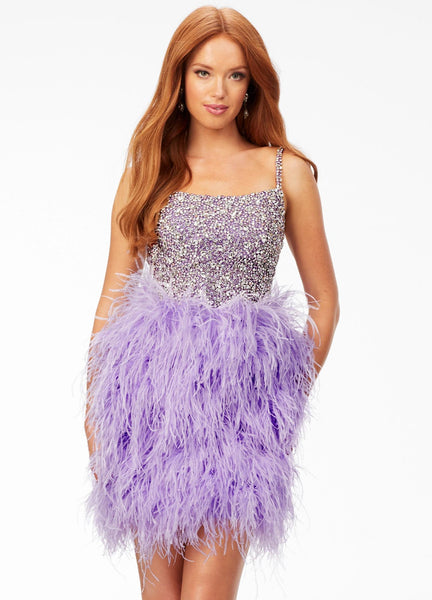 ASHLEYlauren 4537 Feather Cocktail Dress With Crystal Bustier