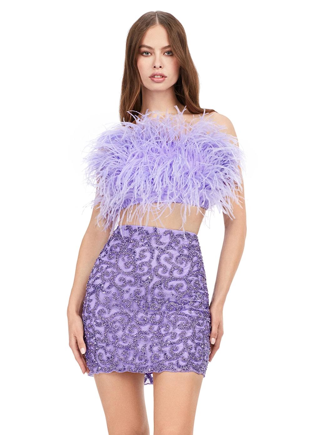 Lilac ASHLEYlauren 4599 – A stunning two-piece set featuring a strapless feather bustier and a fully beaded fitted skirt. This gorgeous, statement-making outfit is a must-have addition to your closet.
