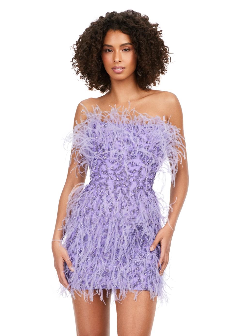 ASHLEYlauren 4615 Strapless Beaded Feather Cocktail Dress