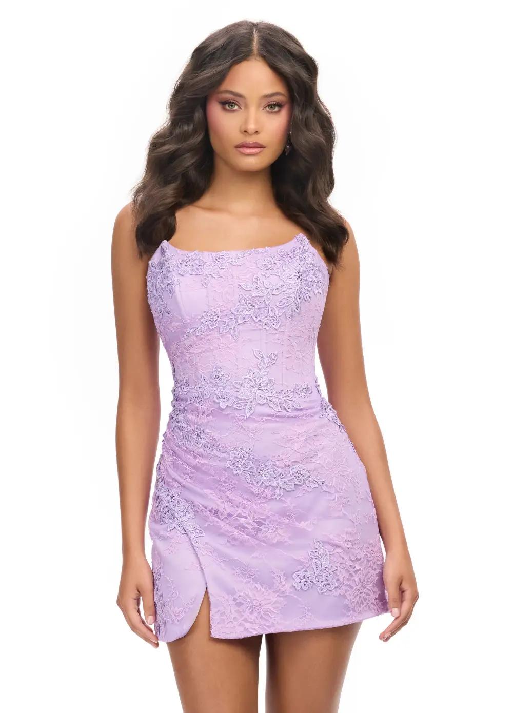 Lilac ASHLEYlauren 4713 Strapless Lace Applique Cocktail Dress with Corset Bustier and Wrap Skirt