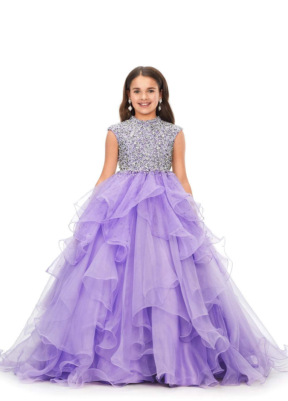 ASHLEYlauren Kids 8180 High Neckline Ball Gown with Crystal & Pearl Bodice and Ruffle Skirt